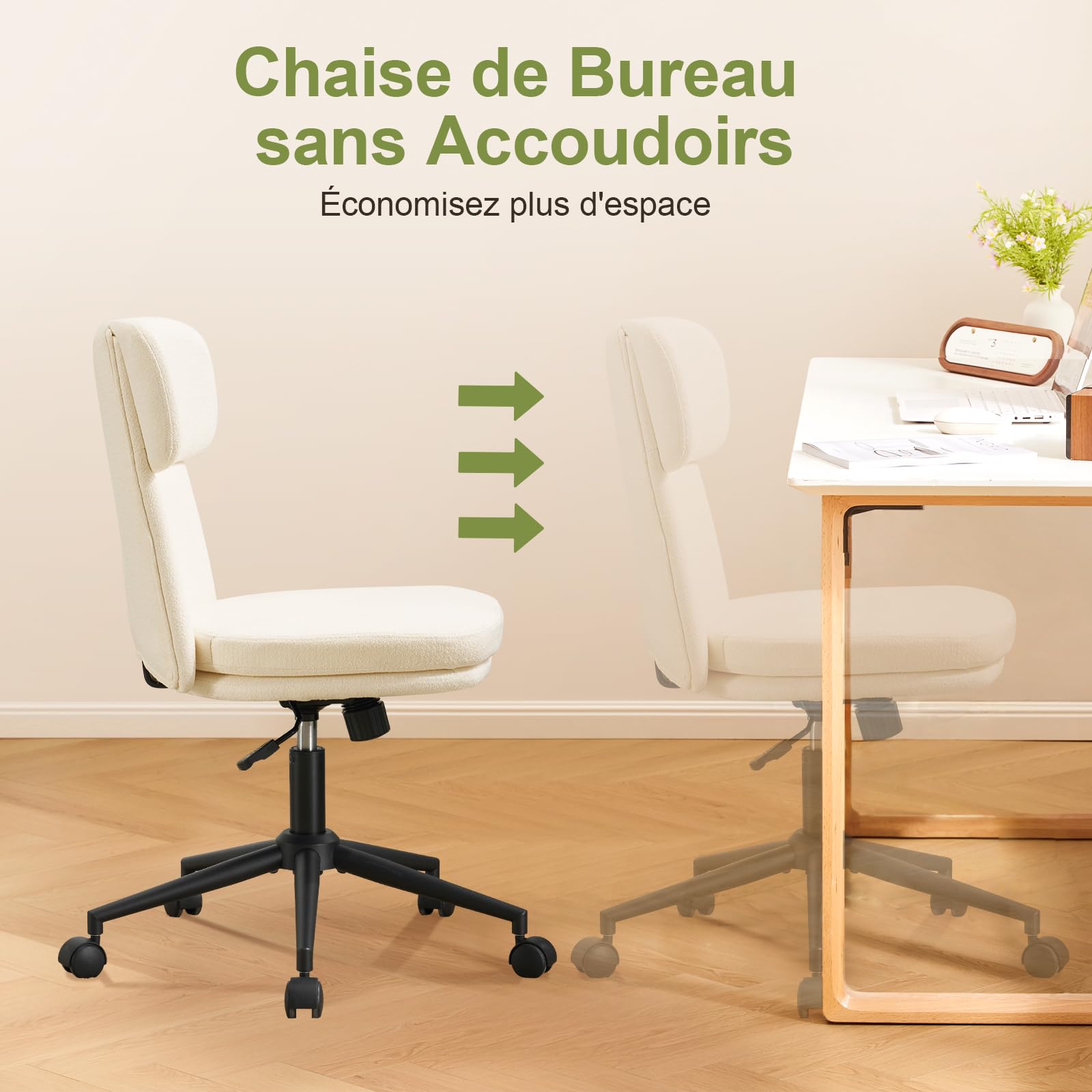 Chaise de Bureau en Chenille Fauteuil de Bureau Chaise de Coiffeuse, Fauteuil Bureau Réglable en Hauteur avec Dossier Inclinable Pivotante à 360°, Ergonomique pour la Chambre (Blanc-1)