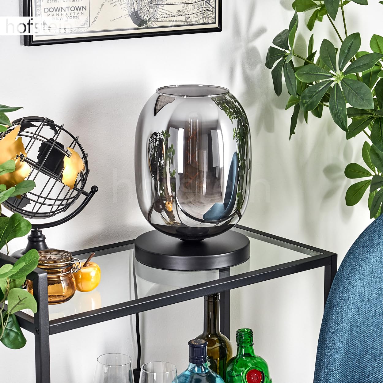 Tischleuchte Apedo, Tischlampe aus Metall/Glas in Schwarz/Rauchfarben, Leuchte im modernen Retro/Vintage-Design mit Schirm aus Glas (Ø 20 cm) u. An/-Auschalter am Kabel, 1 x E27, ohne Leuchtmittel