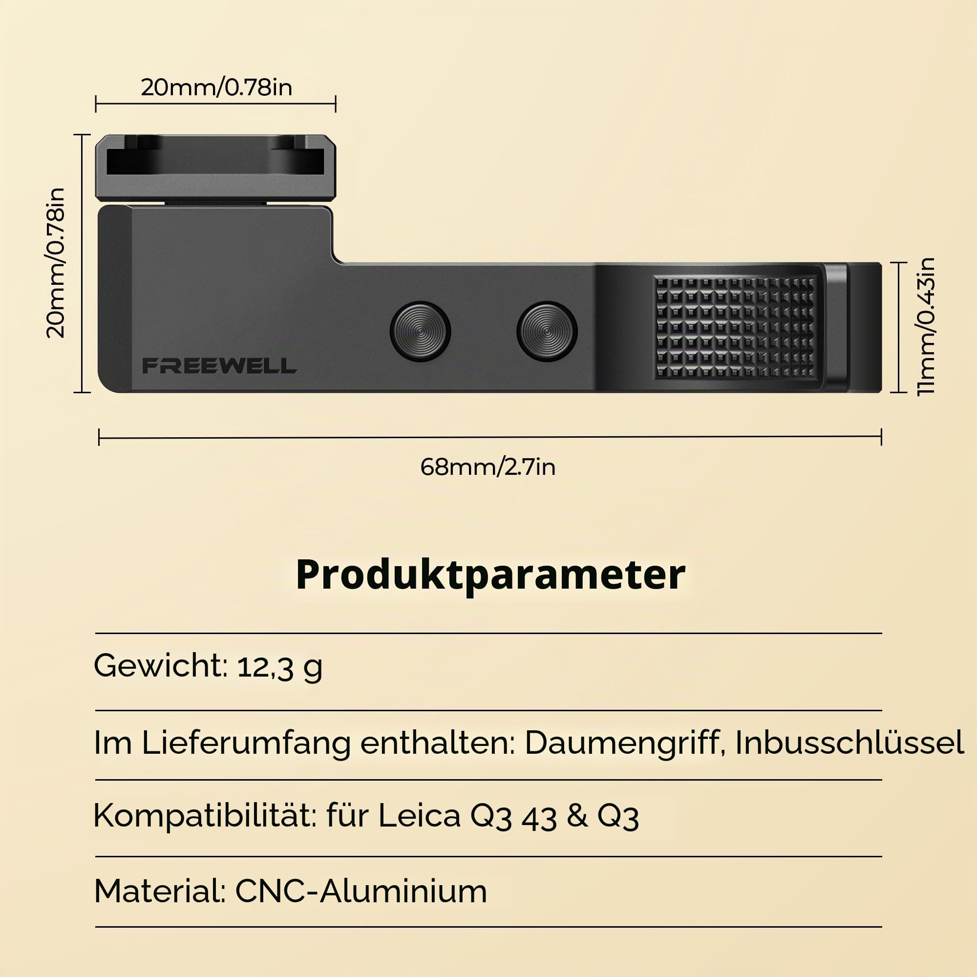 FREEWELL Daumengriff für Leica Q3 & Q3 43 mit Kaltschuhhalterung, CNC Aluminium, Kratzfeste Silikonpolsterung