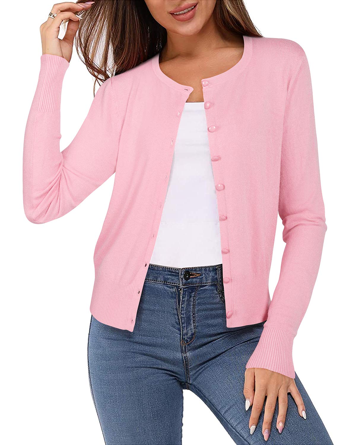Newshows Damen Leichte Strickjacke Langarm Klassisch Rundhalsstrickjacke Casual Cardigan Strickmantel mit Knöpfen