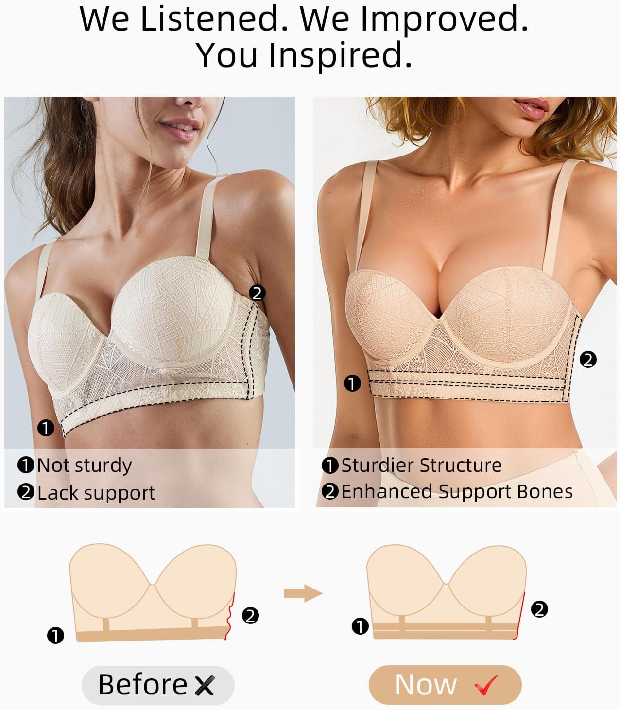 Padded Push Up Bras for Women Underwire Lace Longline Bra Corset Top with Convertible Straps Nude 34D - Image 2