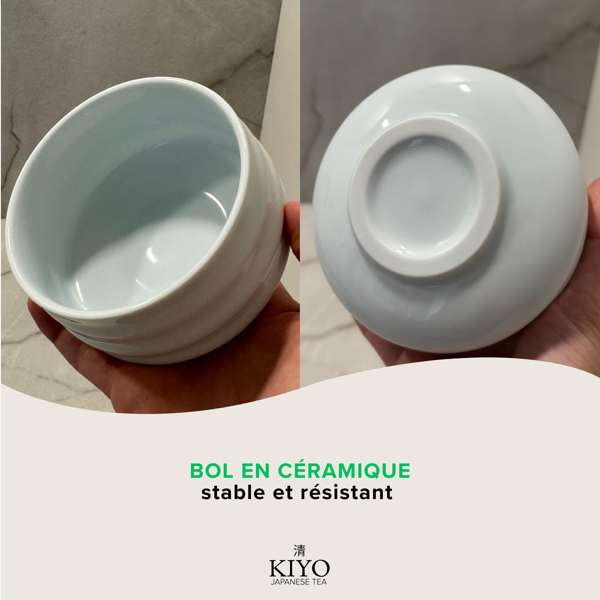 KIYO Kit Matcha Complet Blanc – Fouet Chasen 100 Brins, Bol Chawan Céramique, Cuillère & Support | Matcha Cérémonial Japonais | Coffret Cadeau Premium