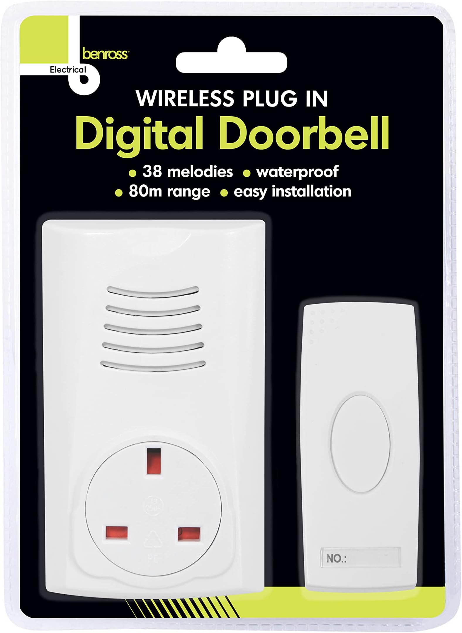 Benross 41010 Plug-In Wireless Doorbell / 80m Signal Range / 16 Different Melodies/Simple Push Button Operation/Waterproof Material/Easy Install/White Colour
