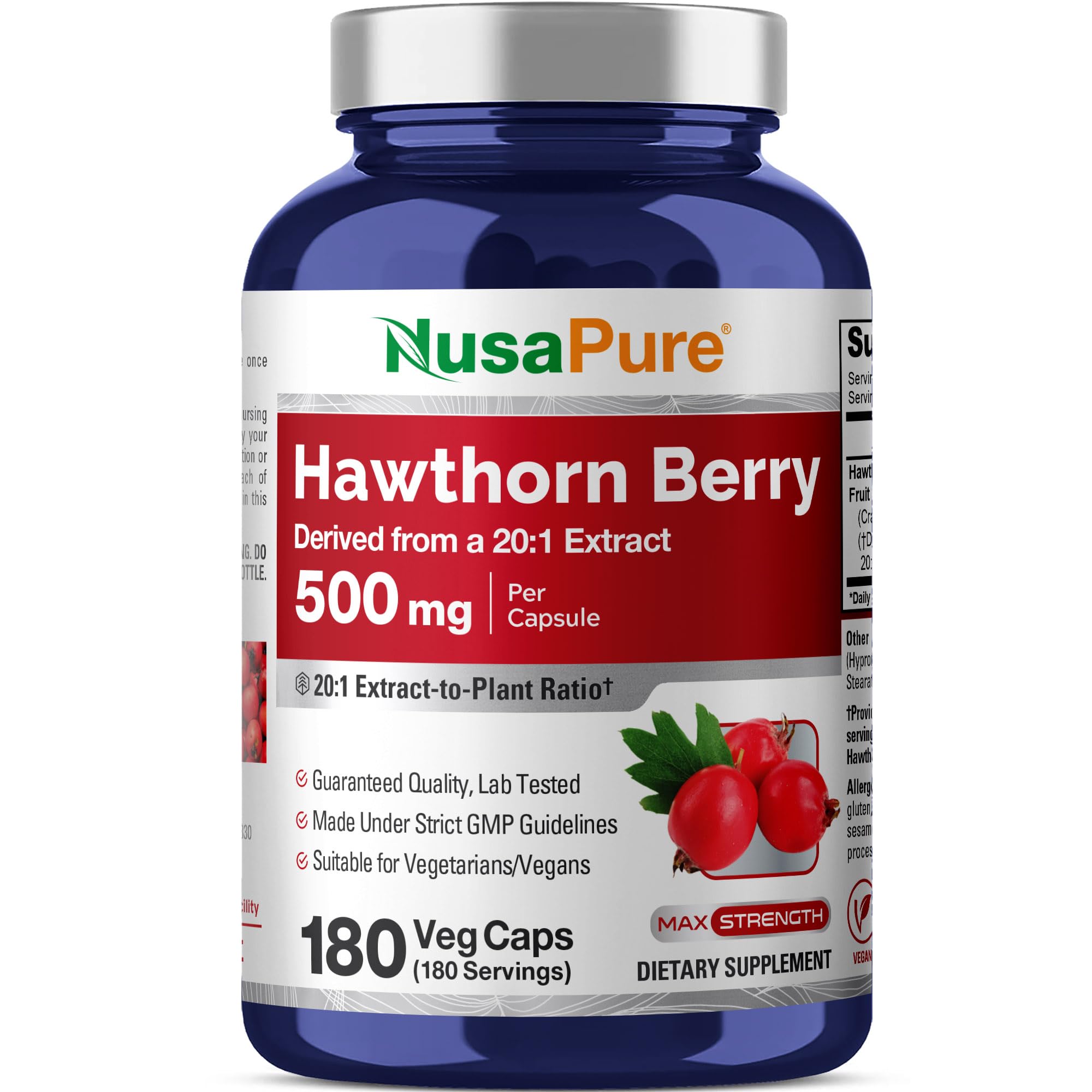 Hawthorn Berry, Vegan, Non-GMO, 500mg, 180 Veg Capsules - 180 Servings