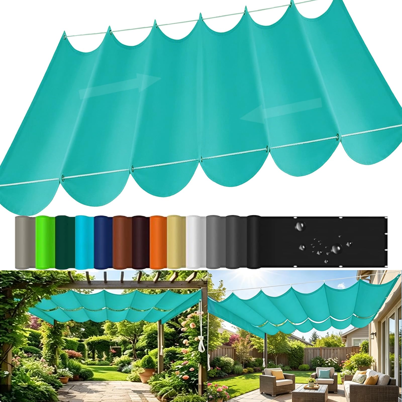 Retractable Wave Sun Shade Sail, Sun Protection Waterproof Wave Awning Canopy with Eyelets and Rope, Outdoor Pergola Adjustable Shade Cover for Yard Deck Lawn Garden Patio-Lake blue||90x350cm