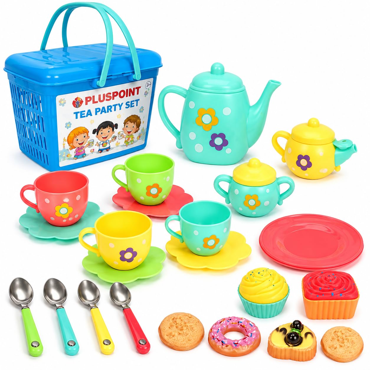 PLUSPOINT 20pc Tea Set with Basket Tea Party Pretend playset for Kids teapot Play Set Pretend Play Set Girls Kitchen Toy teapot Gift for Kids Children Boys Girls 3 Years Old (Tea Set with Basket)-image-33