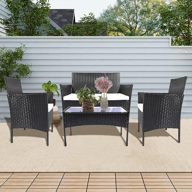 Xhomrattan 4 Pieces Garden Furniture Sets Poly Rattan Outdoor Patio Furniture PE Wicker Furniture Set Includes Armchairs Loveseat and Table for Garden Backyard Balcony, Black