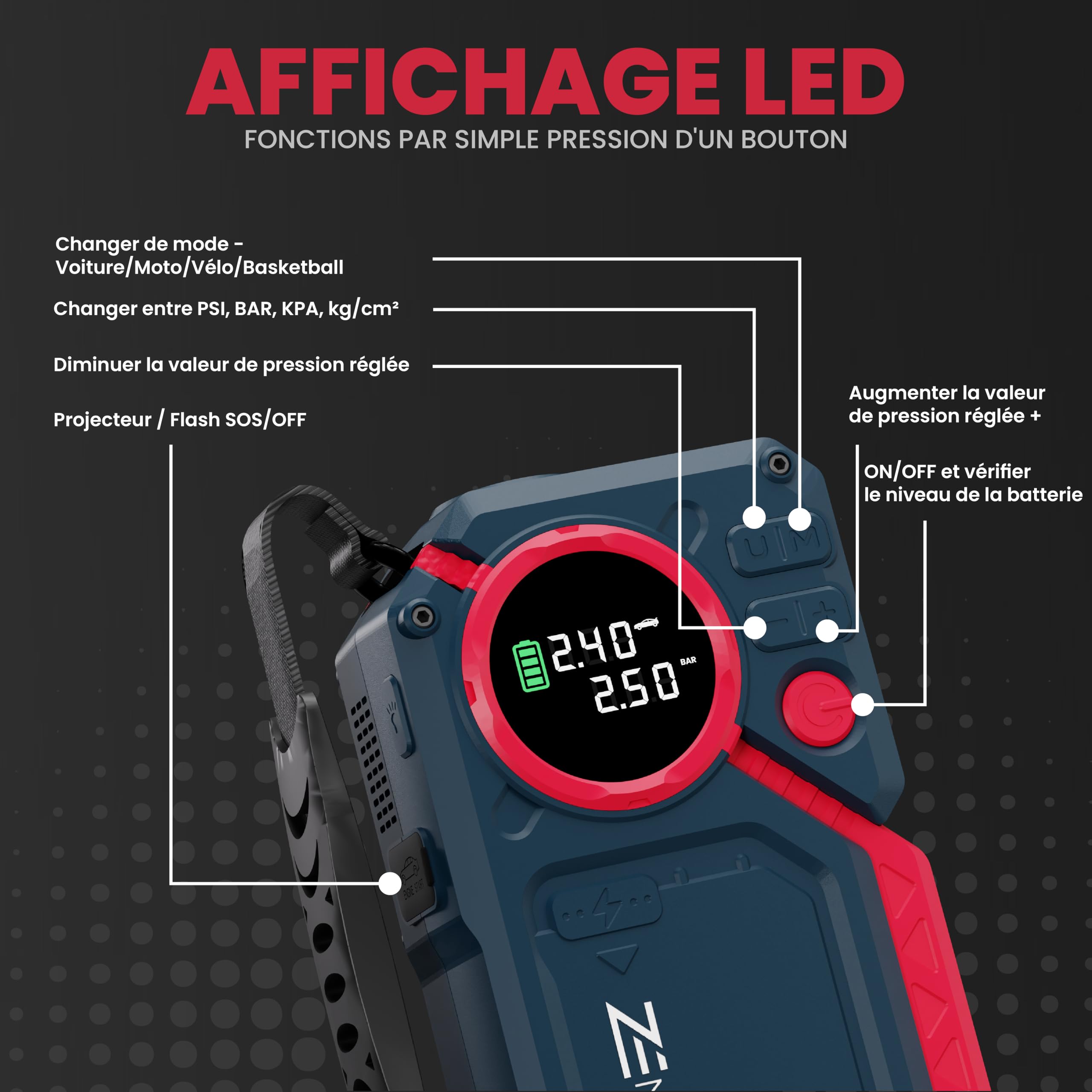 Arrancador de Coches 2500A con Compresor 150 PSI, Booster de Batería 12V, Jump Starter para Gasolina y Diésel hasta 8L, Power Bank 18000mAh, Luz LED 500 Lúmenes, Carga Rápida USB, Portátil