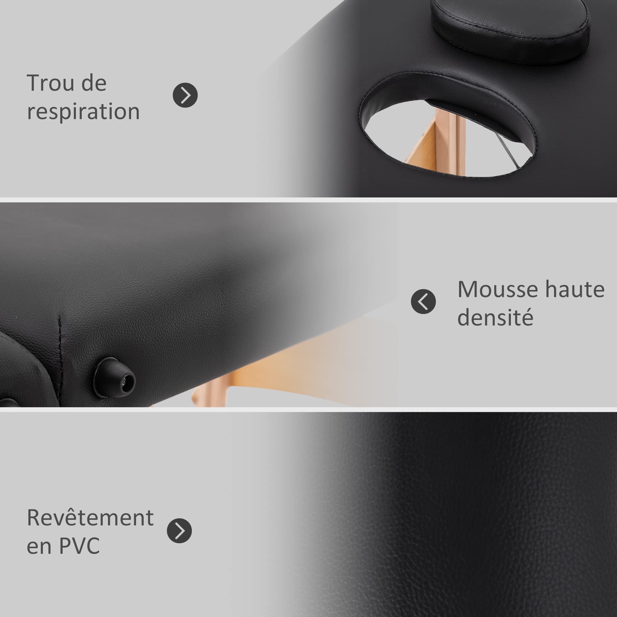 HOMCOM Table de Massage Pliante, lit de Massage 2 Zones 186 x 60 cm Portable, Hauteur réglable, Oreiller Facial Amovible, Table esthétique Tatouage en Bois de hêtre, Sac de Transport Inclus, Noir