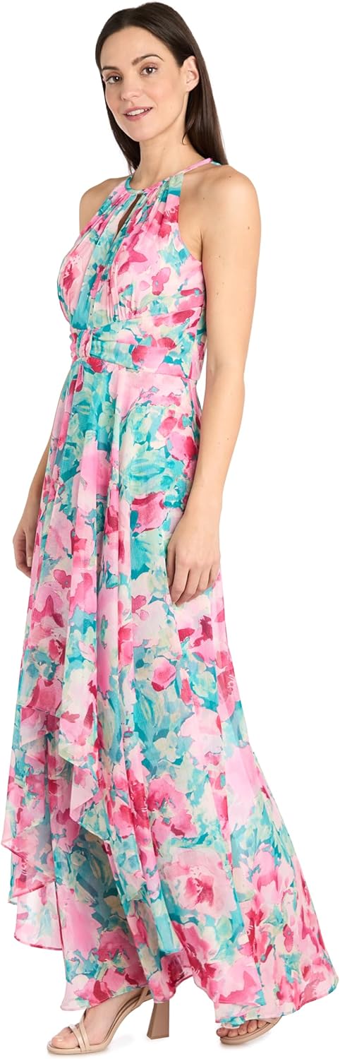 Floral Keyhole Halter Neck Layered Chiffon Maxi Dress - Image 3