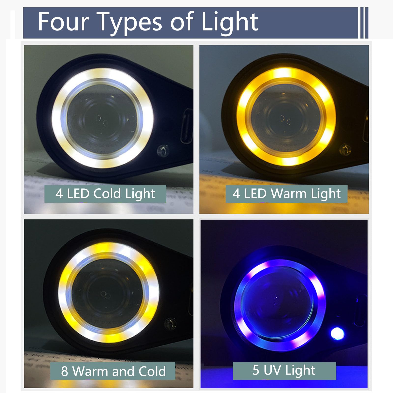 Lupa de 30X Jewelers recargable por USB con luces UV y LED, cuatro tipos de luz, lupa plegable de bolsillo iluminada para joyas de piedras preciosas, monedas, sellos, relojes