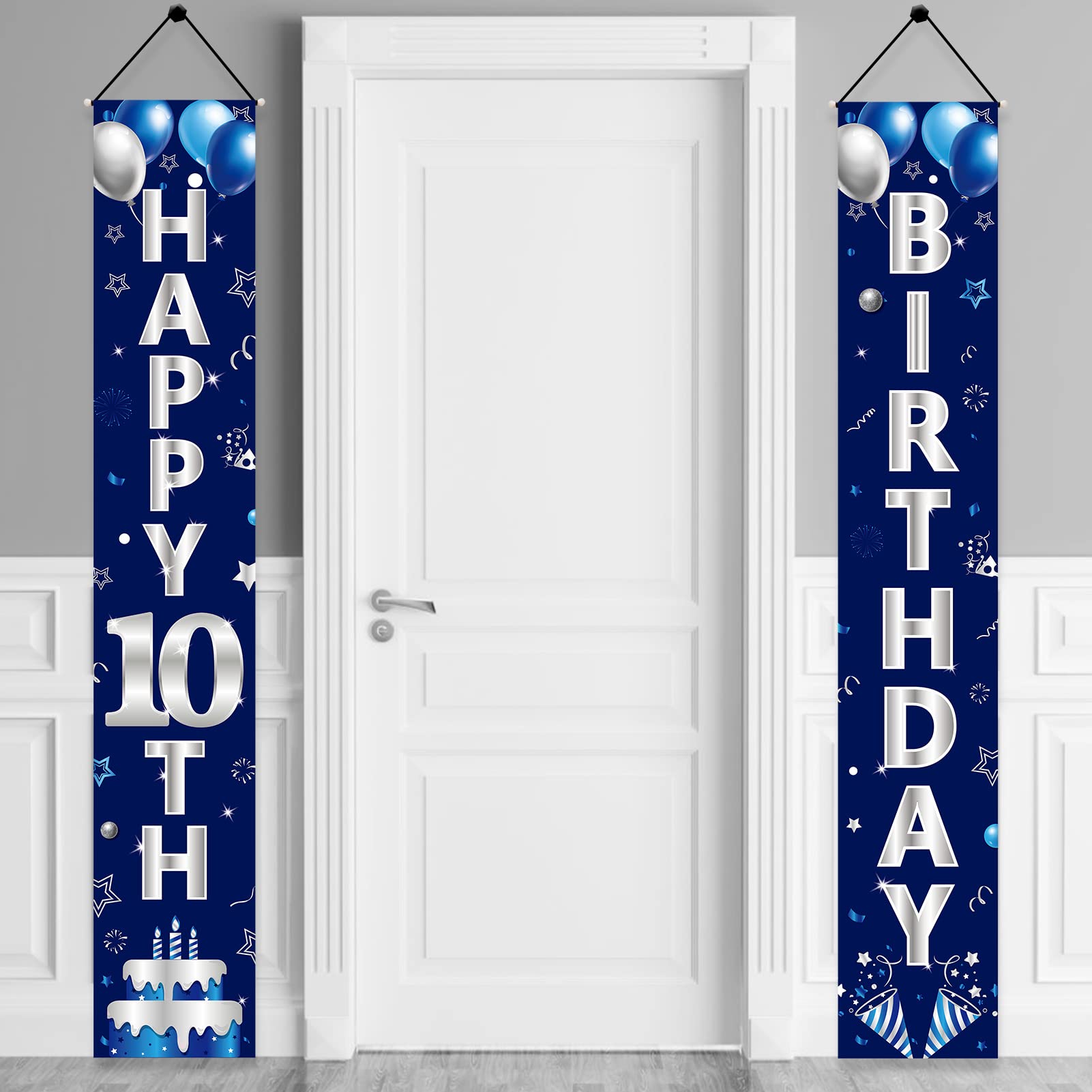 Turypaty Blue Silver 10th Birthday Door Banner Decorations, Happy 10 Birthday Party Porch Banner Supplies for Boys, Sweet 10 Year Old Birthday Party Supplies