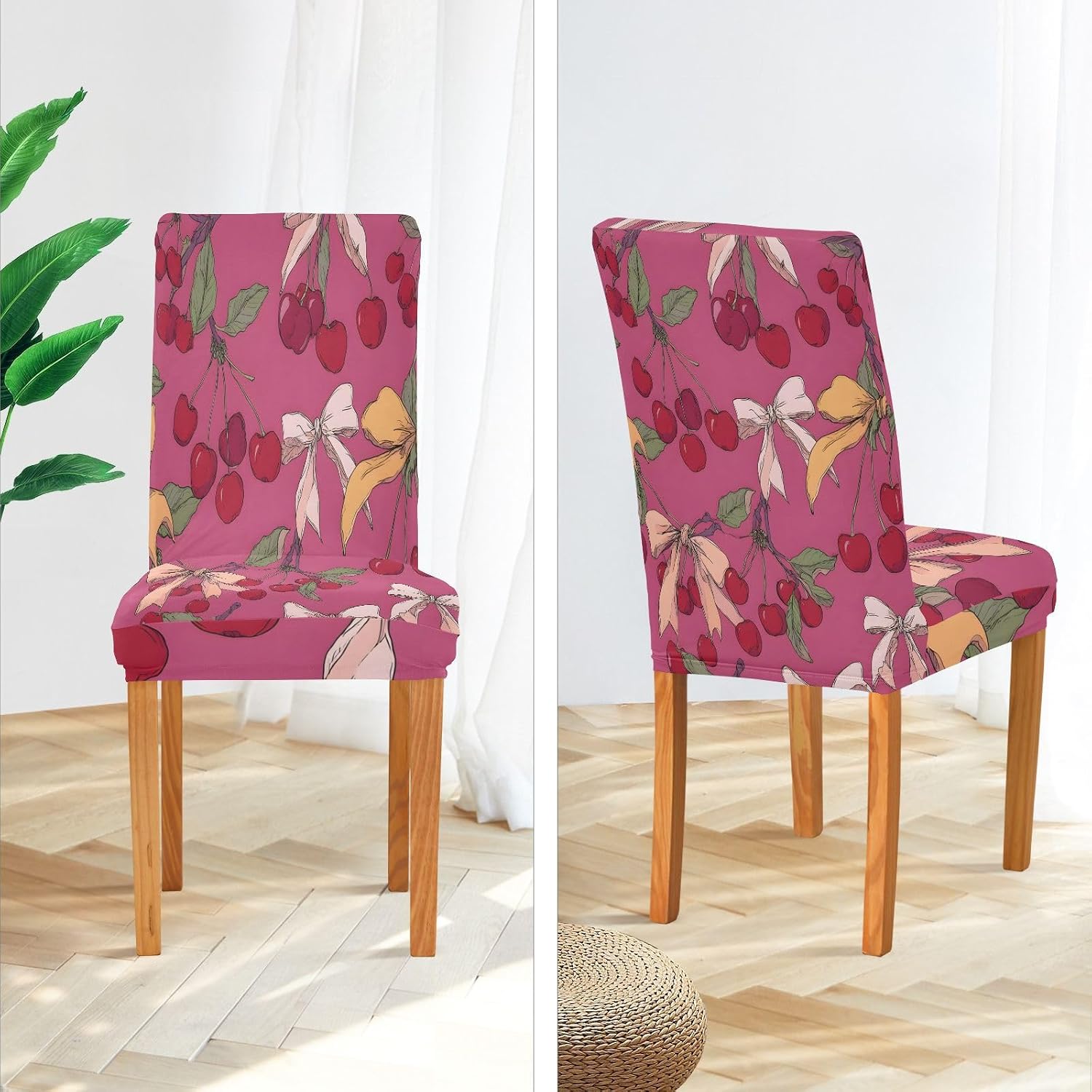 ALAZA Chair Covers for Dining Room, Cherry Pink White Yellow Bow Pattern Stretch Chair Cover Sets Chair Protector Removable Washable for Ktichen Restaurant Hotel