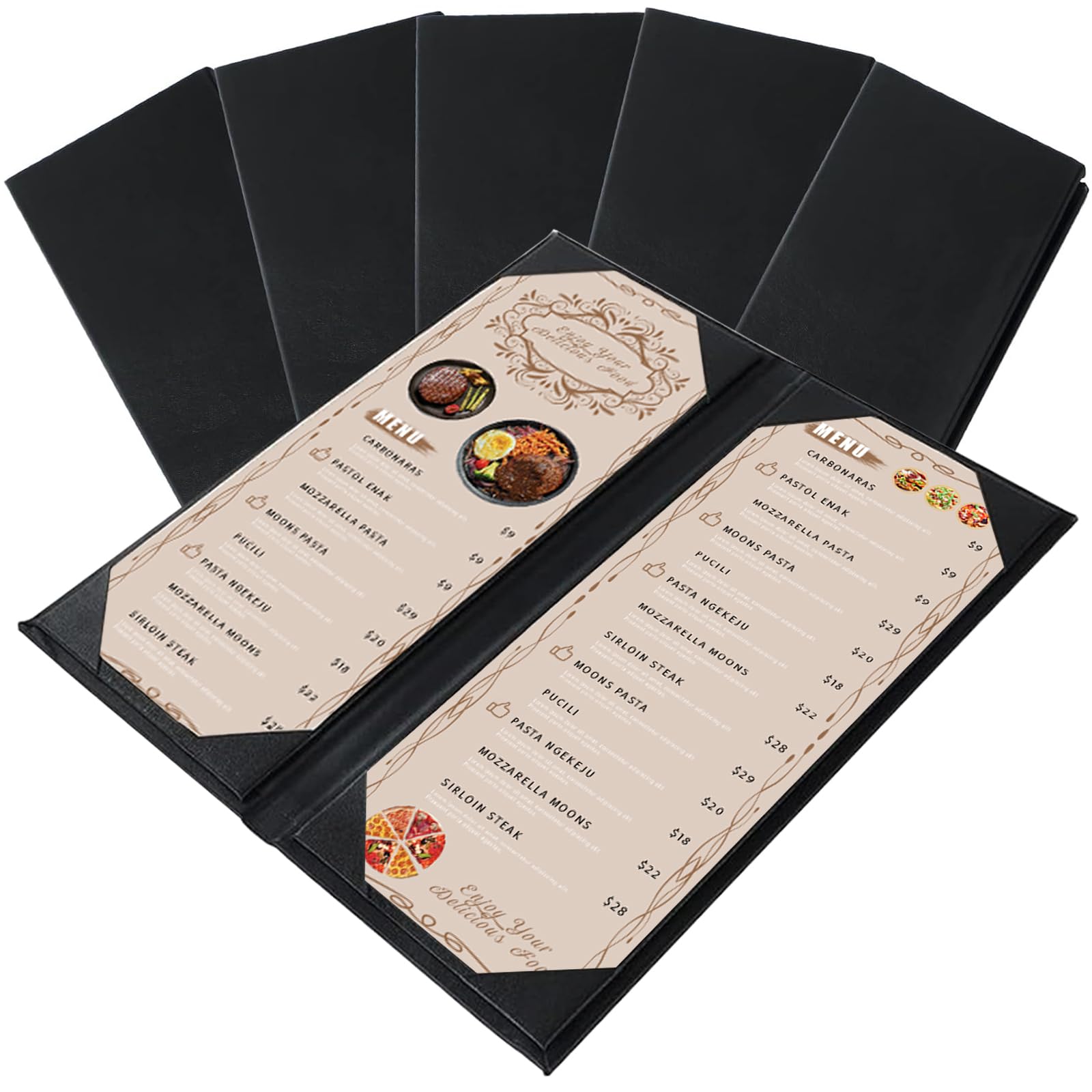 Restaurant Menu Covers Holders 4.25" x 11" | Pack of 5 Synthetic Leather Double Fold Panels 2 View Angled Corners Black for Wine List, Drinks (5, Double Fold Panels 2 View (4.25 x 11 inch))