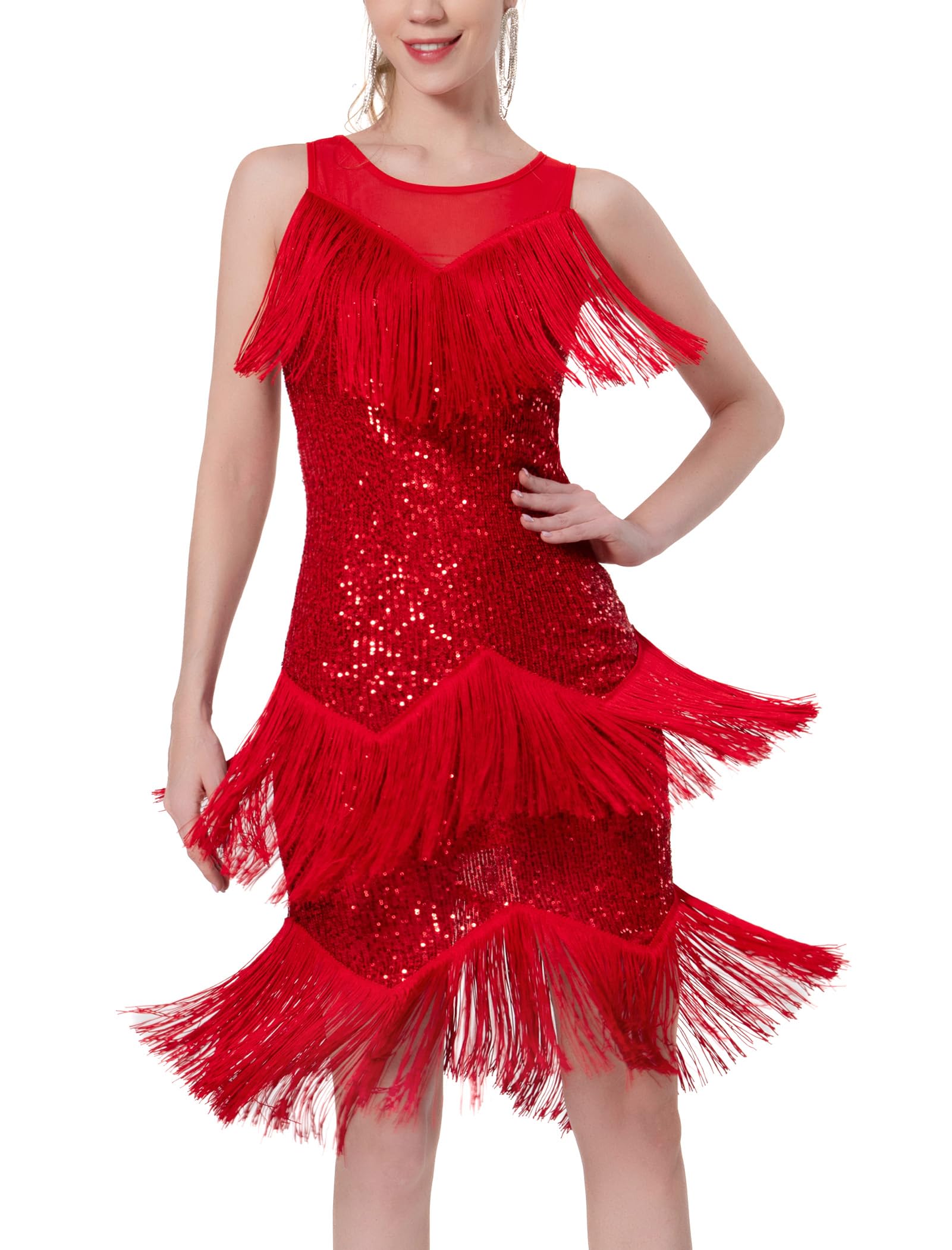 Latin Dance Dress for Women Sparkly Sequin Tassels Fringe Dress Ballroom Dance Dresses for Women Salsa Dress for Women Dancing Flapper Party Dresses 1920s Rumba Cha Cha Tango Dresses Red L