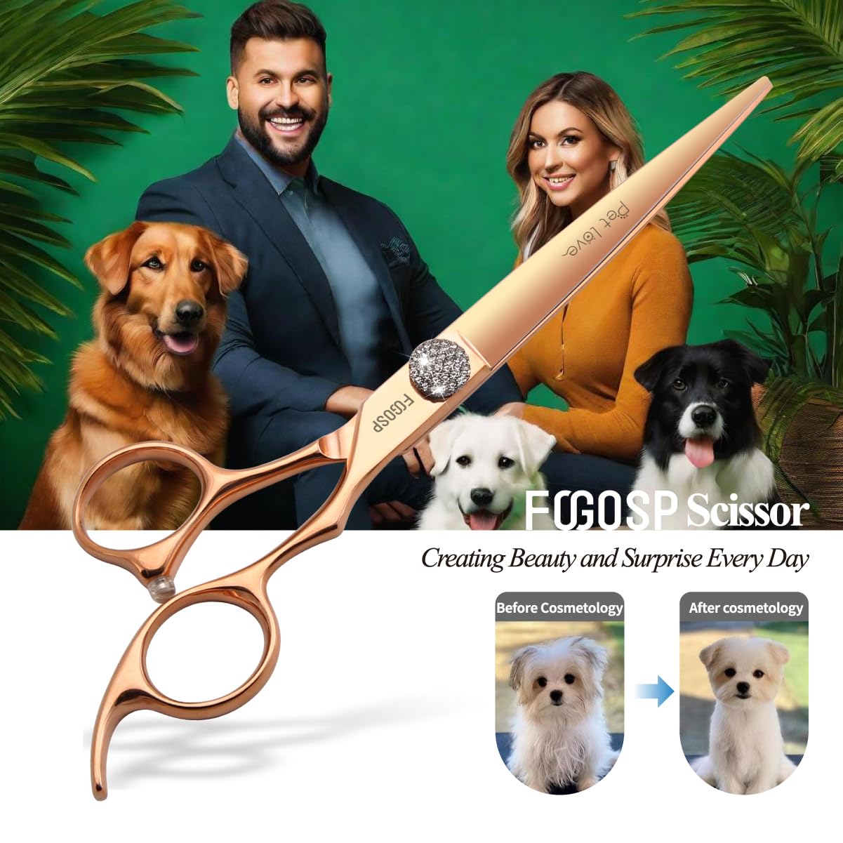 Ciseaux de toilettage professionnels en titane pour droitier - 17,8 cm - Or rose - Ciseaux de toilettage pour chiens et animaux domestiques - 440C - Droitier - 7 - Droits