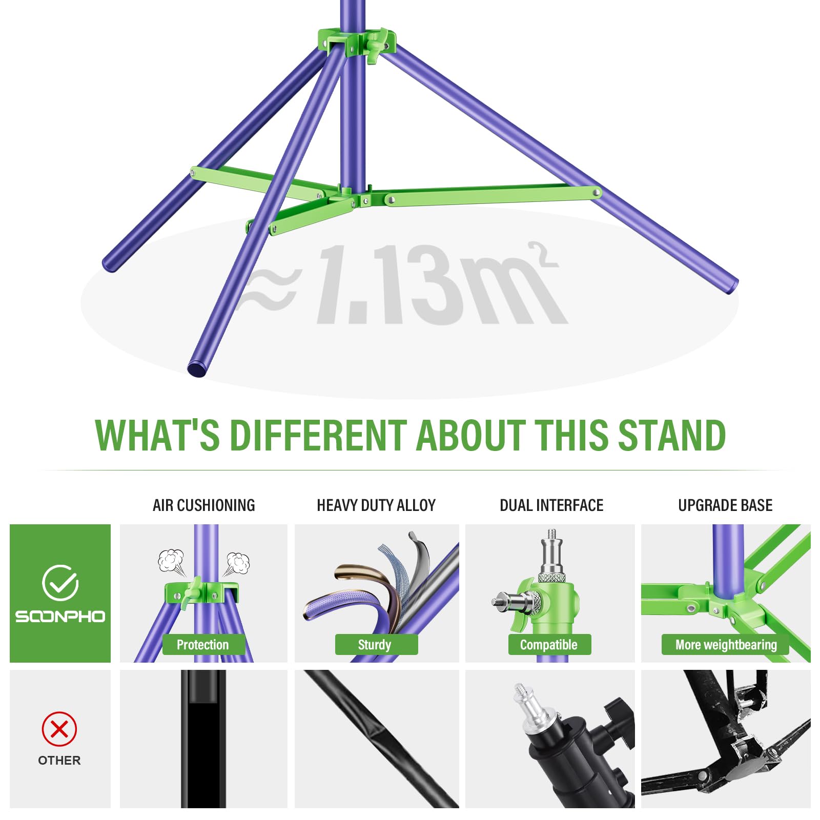 Soonpho Light Stand Pies Soporte Ligero de 280cm 9,1 Totalmente Metálico Amortiguador y Trípode Capacidad de Carga de 10kg para Fotografía en Exteriores y Retransmisiones en Directo (Morado&Verde)