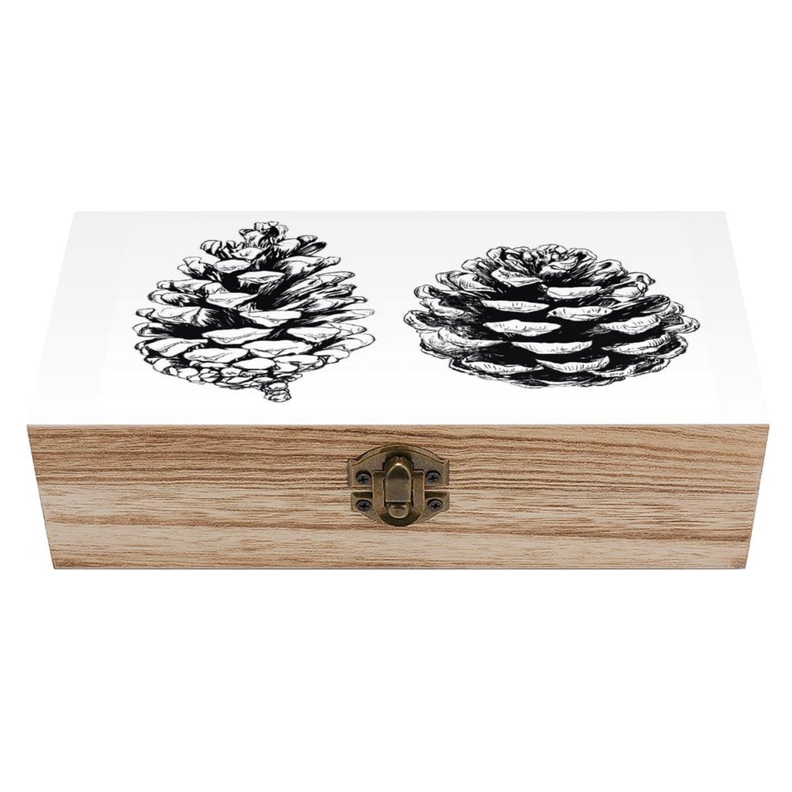 asbwuo Black And White Pine Cones Wooden Storage Box with Hinged Lid
