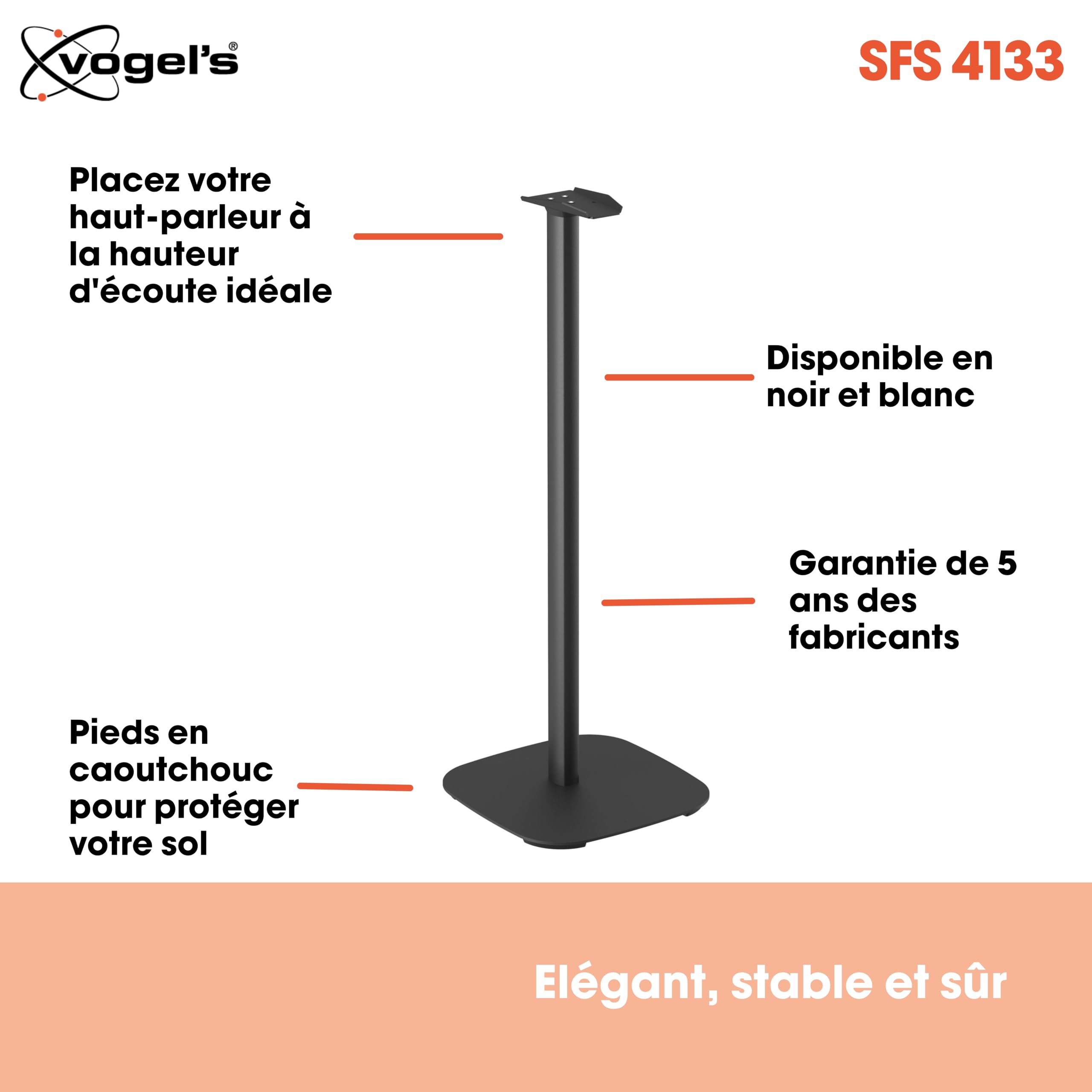 Vogel’s SFS 4133 Support pour Sonos Era 300 | Haut de Gamme et soigneusement pensé | Cache-câbles | Stabilité certifiée TÜV | Hauteur 82 cm | Noir (1 Pied)
