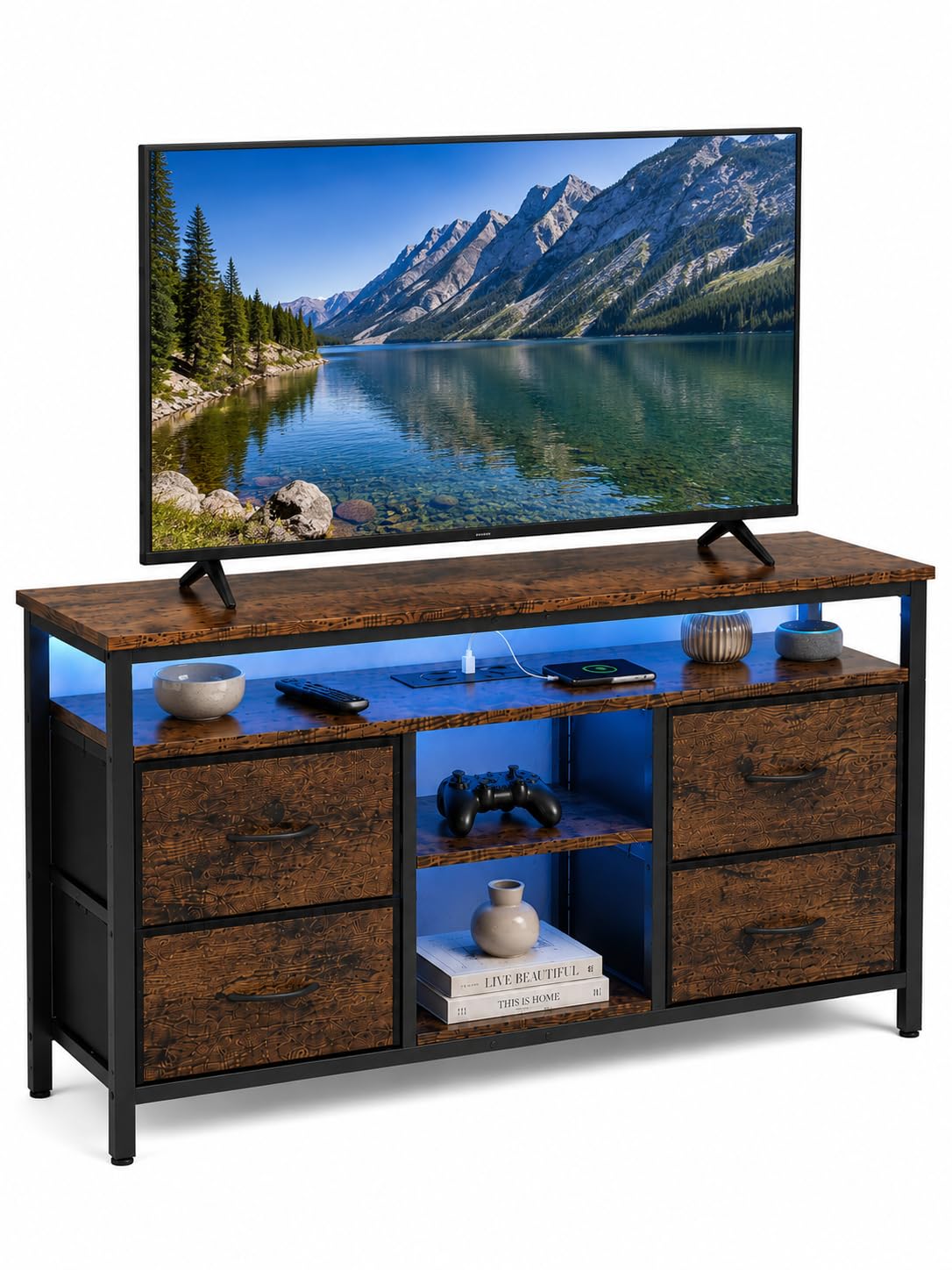Hitsuki Meuble TV LED Meuble Télé Industriel Noir et Bois 110×30×78cm | PRISES ET RANGEMENT Deux prises et deux ports USB avec câble d’alimentation plus 4 tiroirs en tissu pour un usage quotidien
