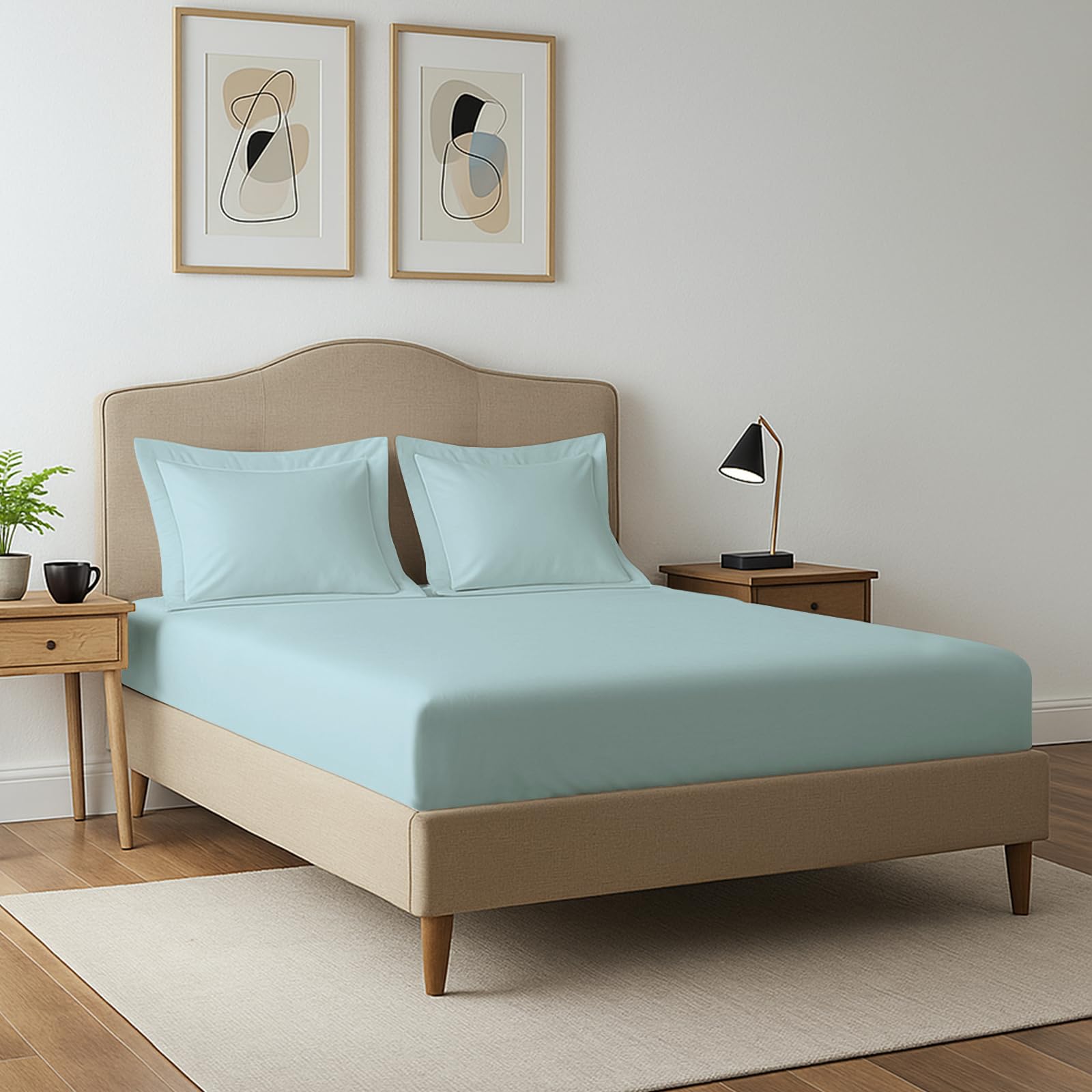 Pizuna 400 Thread Count Double Fitted Sheet 140x200 cm with 2 Pillowcases, Baby Blue, 100% Long Staple Cotton, Soft Sateen Weave, 40 cm Deep Fitted Sheets Double Bed — image 1