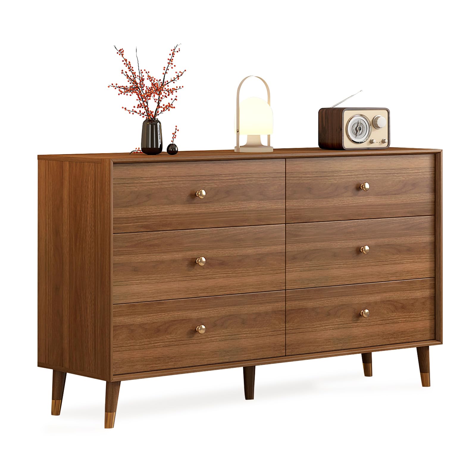 Dresser for Bedroom, Mid Century Modern 6-Drawer Solid Wood Chest, 47 Inch Walnut Finish, Heavy-Duty Drawer Glides, Storage Cabinet for Living Room, TV Stand (Brown, 47.2) Brown 15.8"D x 47.2"W x 31.5"H (6 Drawers)