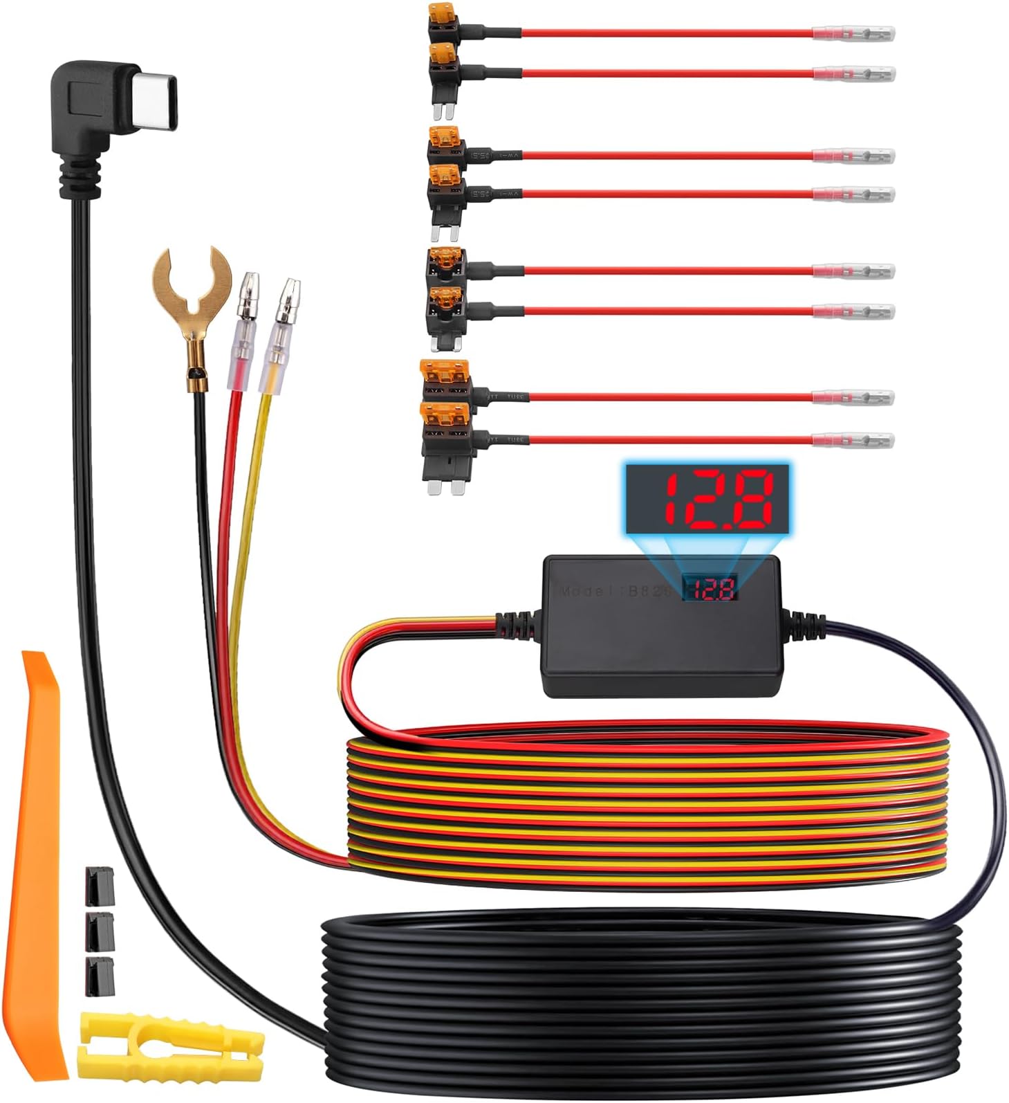 eSynic Upgraded LCD Display 3 Wire Dash Cam Hardwire Kit 11.5ft/3.5M USB C Car Camera HardWire Kit 12V-24V to 5V Dashcam Hard Wiring Kit Support Acc Mode & Low Voltage Protection for Dash Camera etc