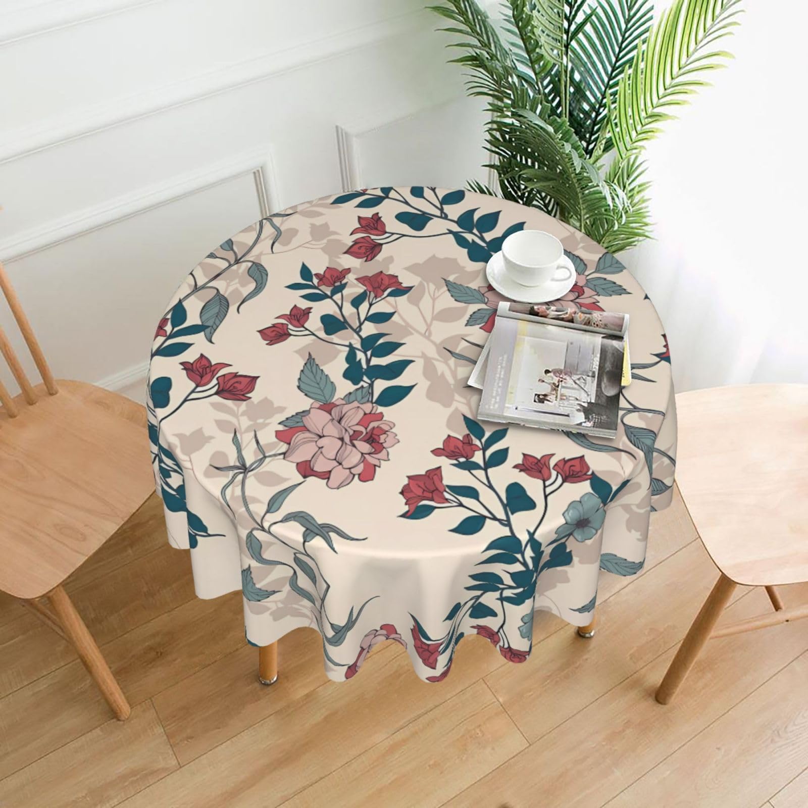 YYHWHJDE Pink Flowers Leaves Prints Round Decorative Tablecloth 60in - High-Grade Polyester Throw for Elegant Dining & Festive Gatherings