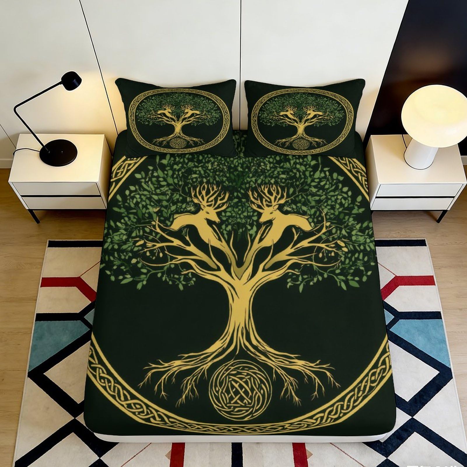 Jqzkxnhpbr Style-3 3D Printed Tree Of Life Fitted Sheet Microfiber Soft Breathable Deer Pattern Mattress Cover For Bedroom Dorm Mattress Protection Decor 90X200x25cm
