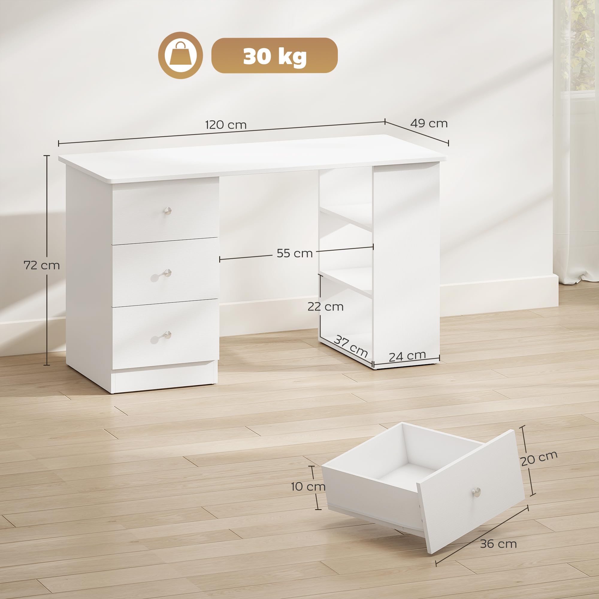 HOMCOM Scrivania Porta PC per Camera con Cassettiera 120x49x72cm Bianco | per Ufficio, Ripiani Portaoggetti, in Legno