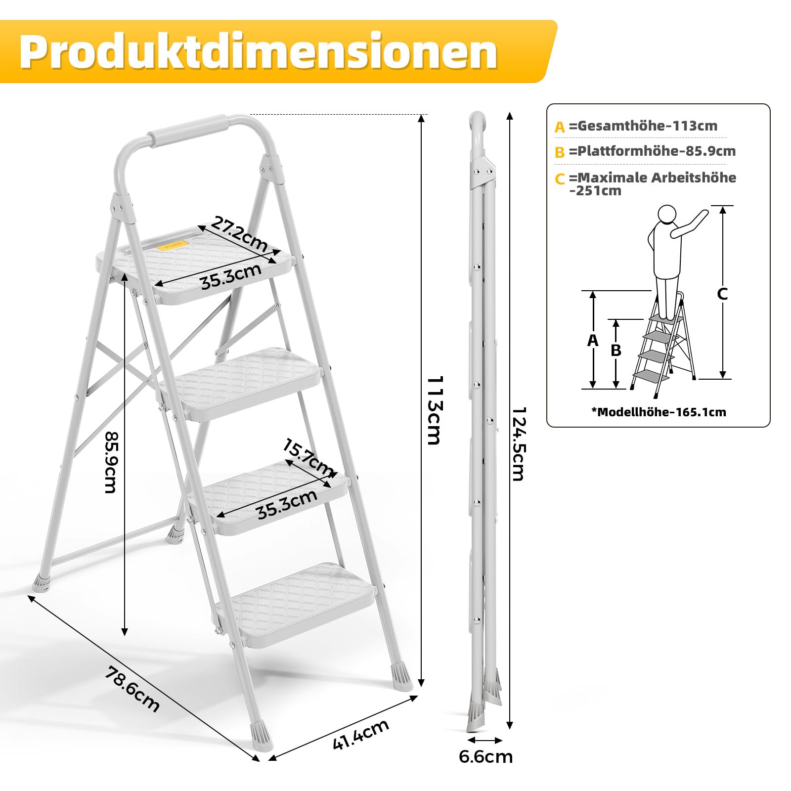 KINGRACK Trittleiter 4 Stufen Klappbar, Leiter mit Sicherheitsschloss | Haushaltsleiter Klapptritt mit Anti-Rutsch-Pedal, Bequemer Handlauf, Tragbarer Tritthocker für Küche Büro Terrasse, Grau