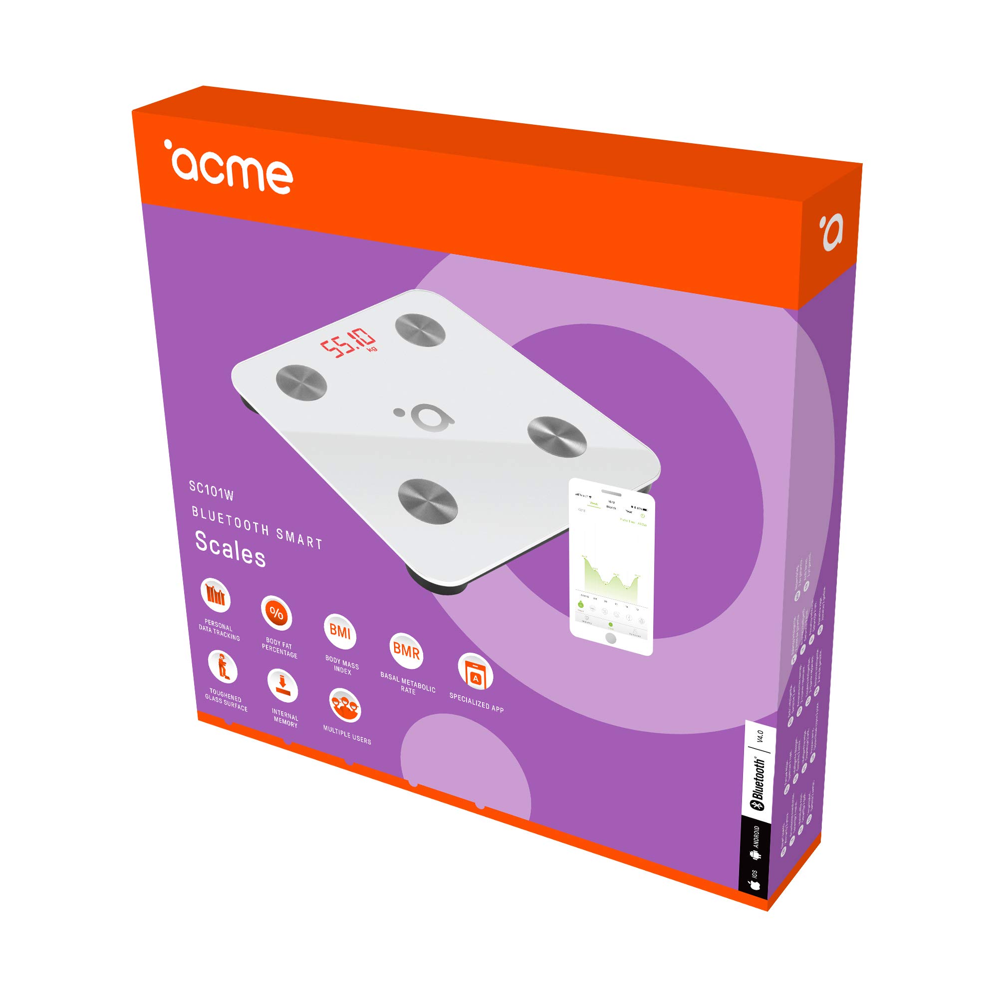 acme SC101W Pèse Personne Impédancemètre I Balance Connectée I Balance Pese Personne I Bluetooth, La Masse Graisseuse, l’IMC et le MB (métabolisme de base)