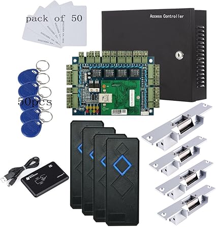 MENGQI-CONTROL TCP/IP 4 Door Entry Access Control Panel Kit Electric Strike Fail Secure NO Mode Lock Enroll RFID USB Reader 110-240V Power Supply Box RFID Reader Phone APP remotely Open Door