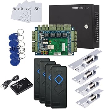 MENGQI-CONTROL TCP/IP 4 Door Entry Access Control Panel Kit Electric Strike Fail Secure NO Mode Lock Enroll RFID USB Reader 110-240V Power Supply Box RFID Reader Phone APP remotely Open Door