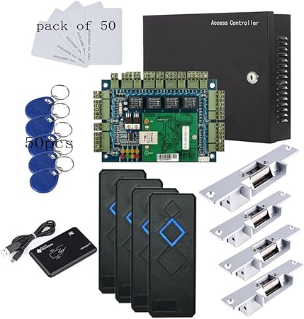 MENGQI-CONTROL TCP/IP 4 Door Entry Access Control Panel Kit Electric Strike Fail Secure NO Mode Lock Enroll RFID USB Reader 110-240V Power Supply Box RFID Reader Phone APP remotely Open Door