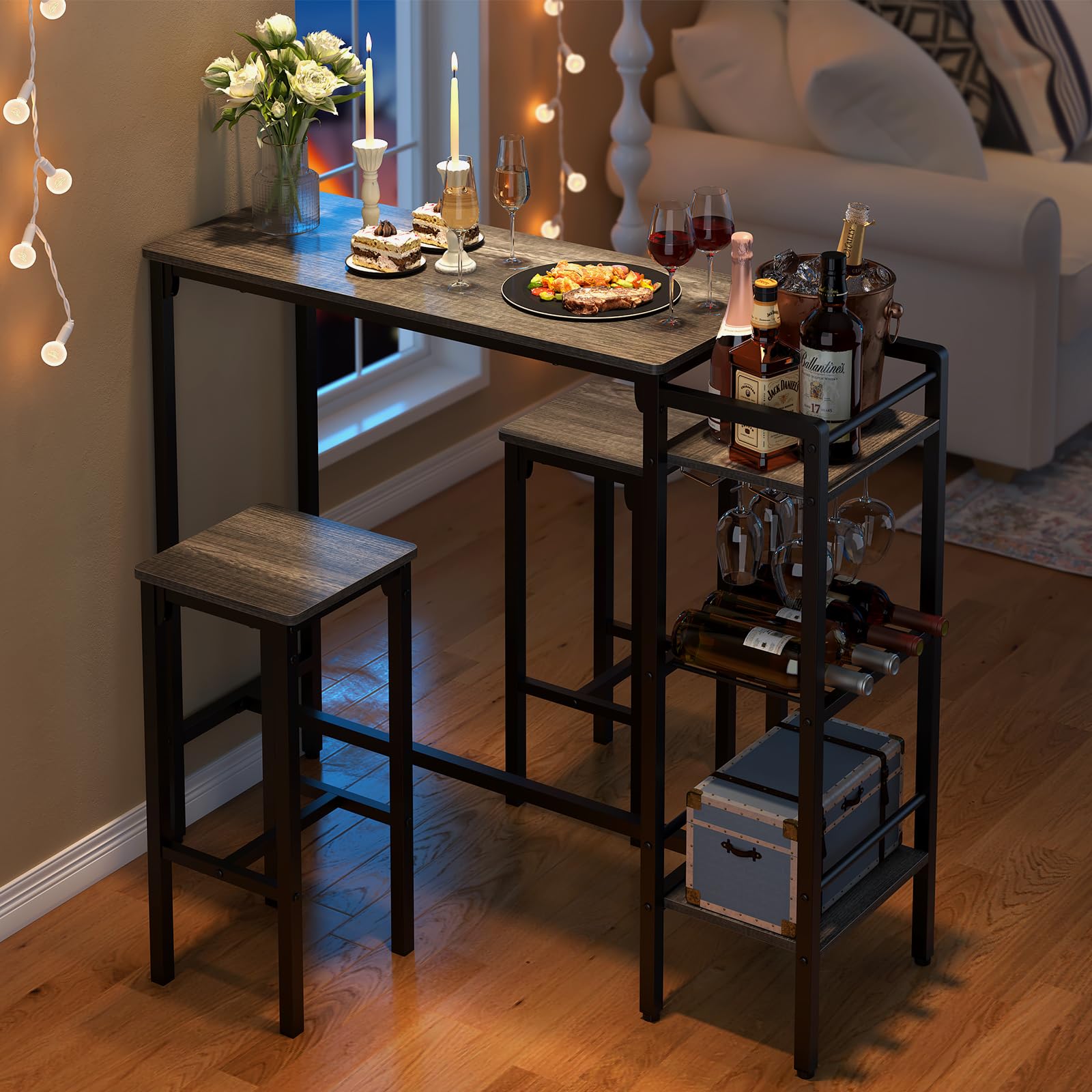 Juego de mesa de bar y sillas para cocinas y apartamentos pequeños, juego de mesa de comedor que ahorra espacio para 2, 3 estantes de almacenamiento con estante de vino integrado, juego de mesa 8
