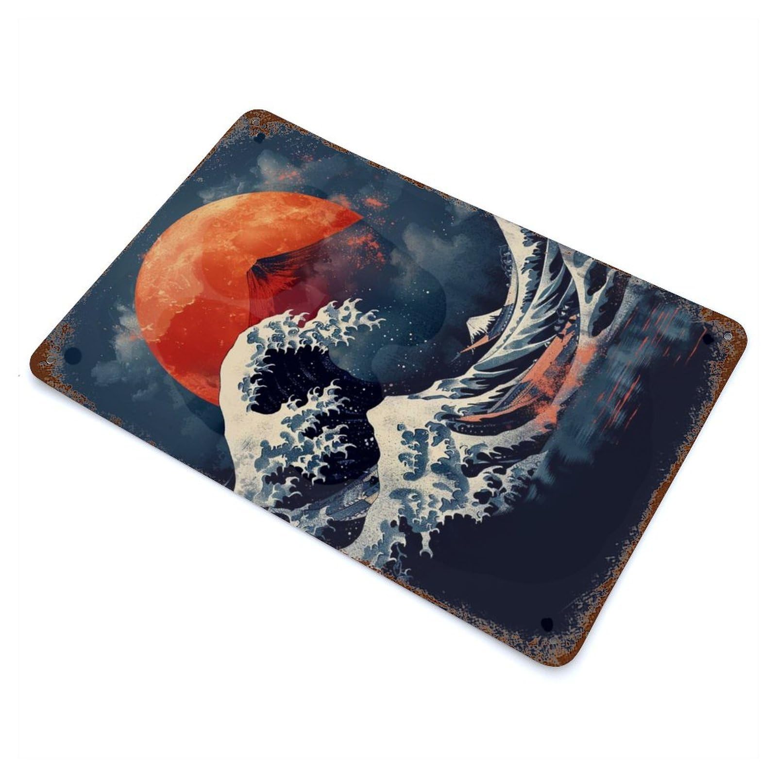 Vintage Rust Metal Sign with Great Wave with Mount Fuji And Moon Design 11.8"x7.9", for Farmhouse, Kitchen And Entryway Decor, Novelty Wall Decor
