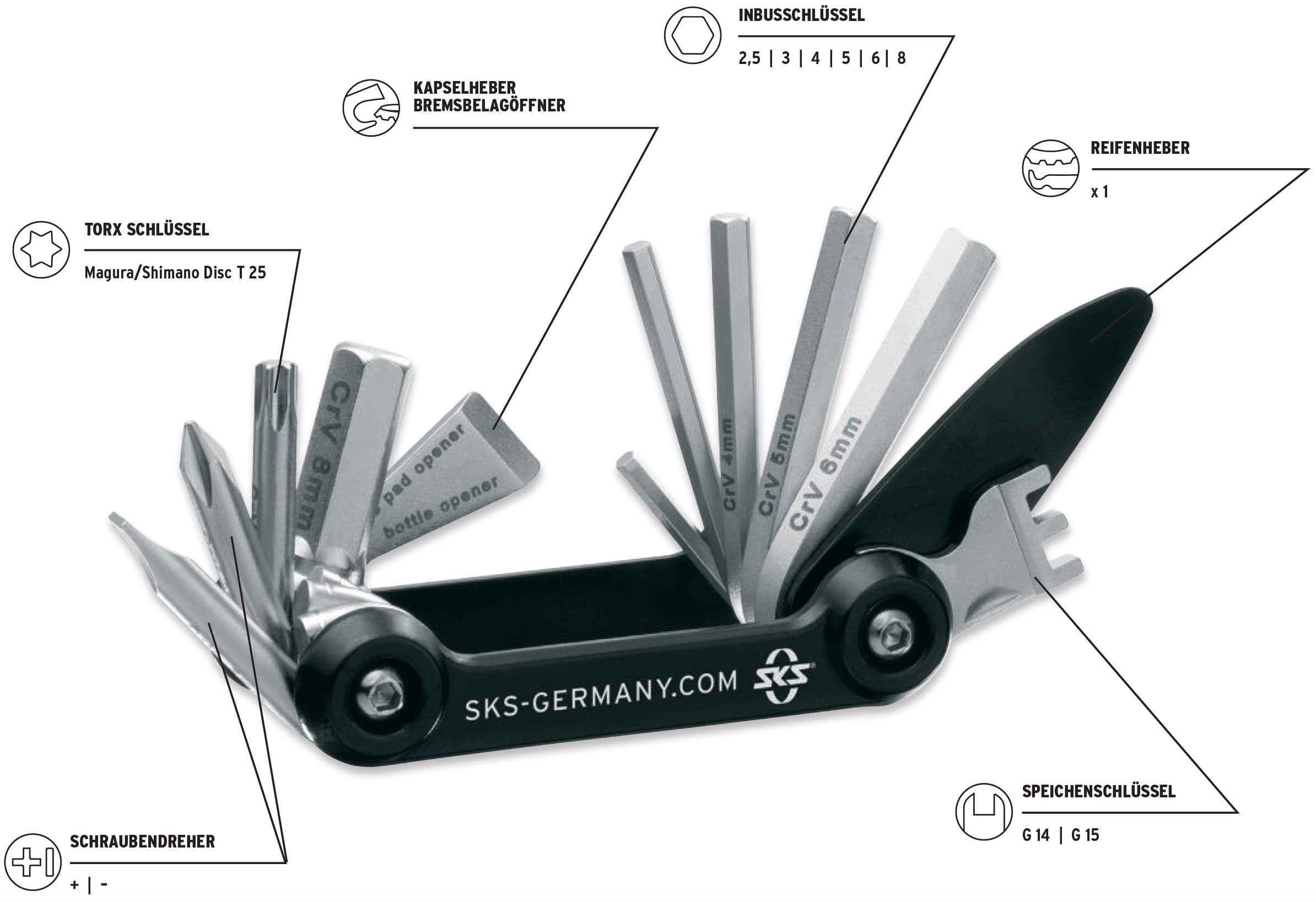 SKS GERMANY TOM Mini Tool narzędzie wielofunkcyjne do roweru, mini narzędzie, ze stali nierdzewnej/aluminium, wiele wbudowanych funkcji narzędzi