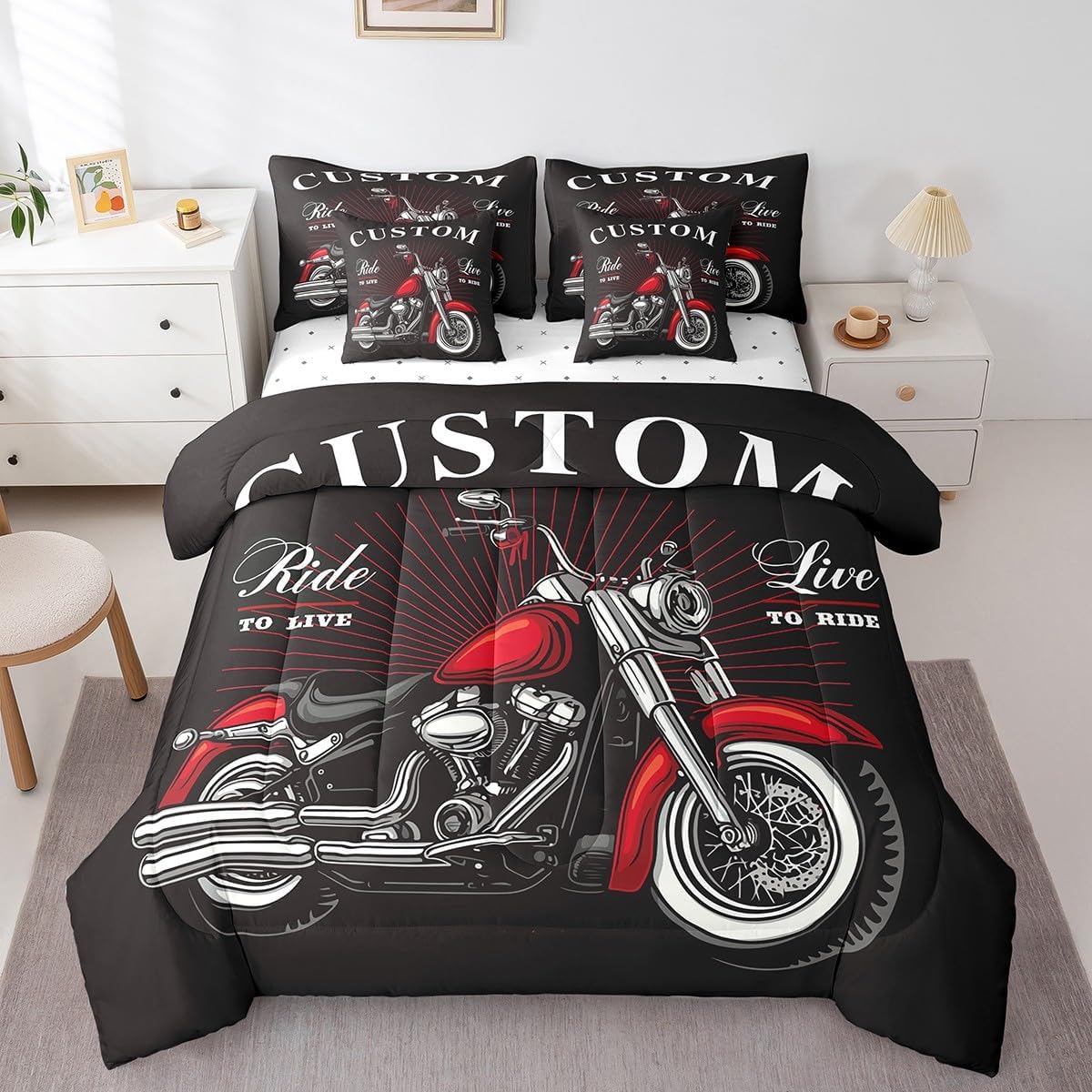 Feelyou Extreme Sports Comforter Set Twin Size 7 Pieces Motorcycle Bed in a Bag Red Black Motocross Illustration Bedding Set for Boys Bed Set with Comforter, Sheet Set, Pillowcases, Pillow Covers