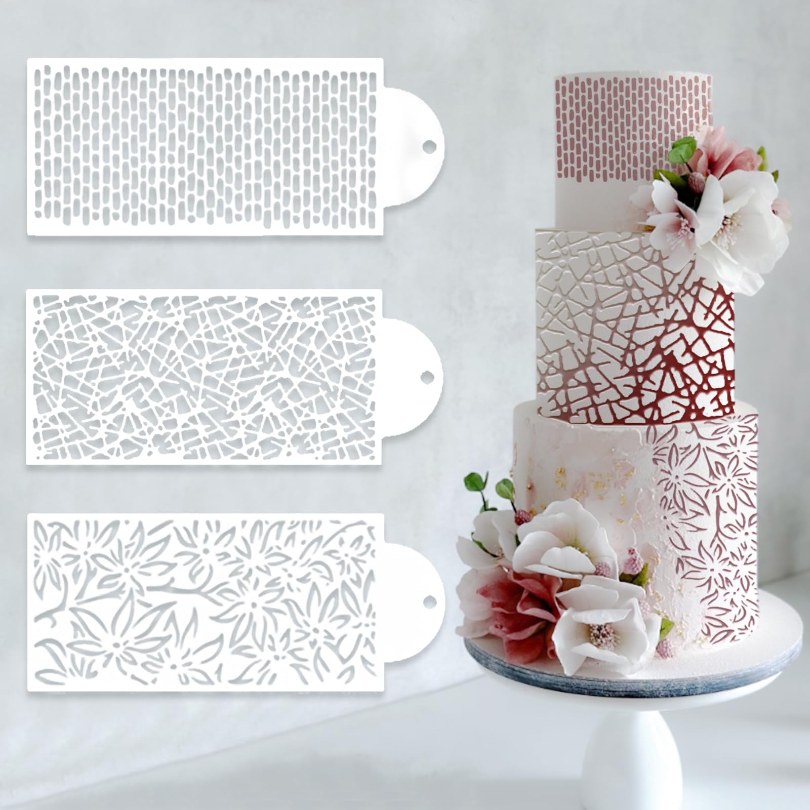 12 Pcs Cake Stencils Cake Templates Set Floral Leaf Linear Stripe Lace Irregular Geometry Wedding Icing Stencils Cake Molds Cookie Dessert Buttercream Decorating Baking Supplies Mesh Printing for Cake
