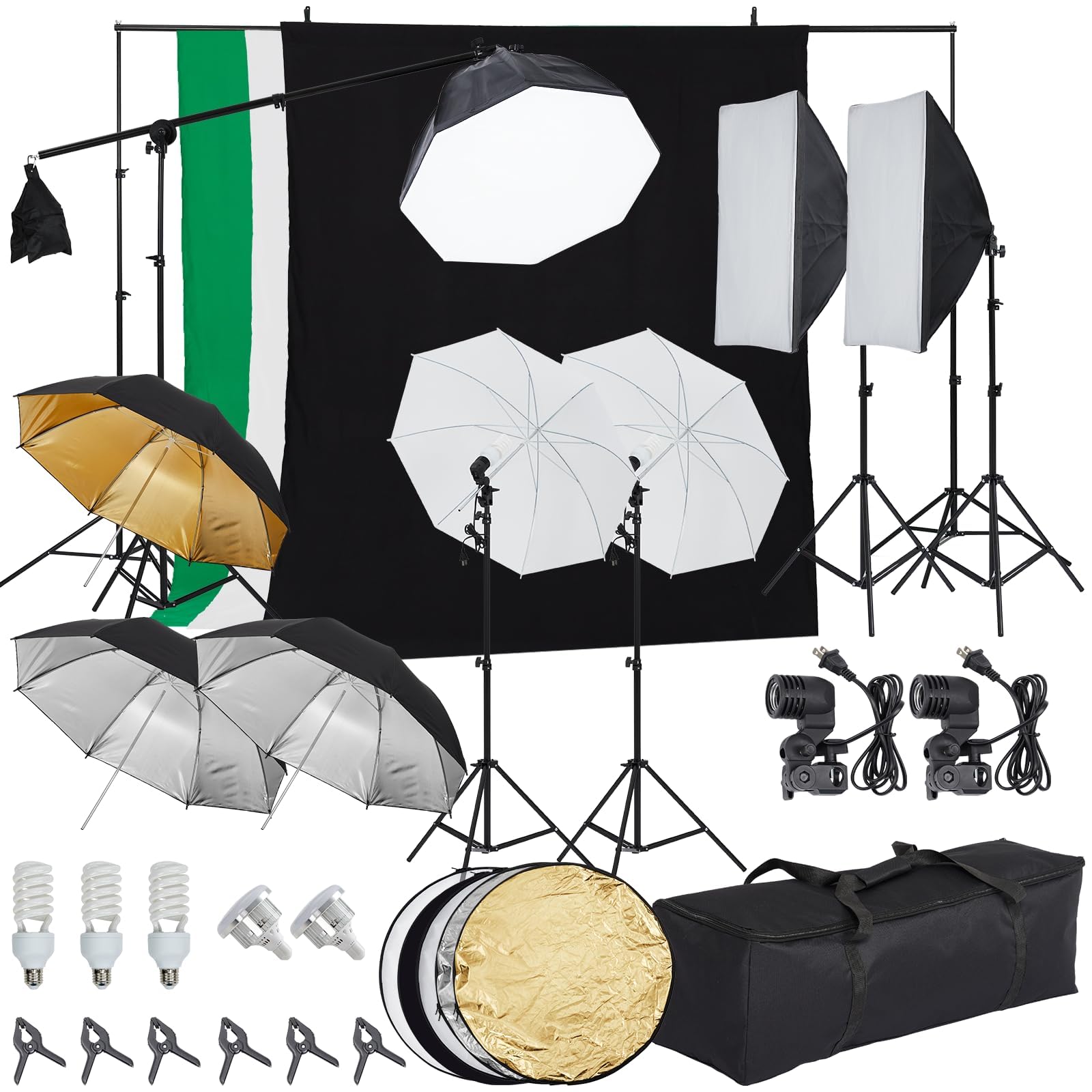 Photography Lighting Kit with Backdrops, 8.5 x 10 ft Backdrop Stand, Softbox and Umbrella Continuous Lighting, 5 Light Stands, Green Screen Backdrop