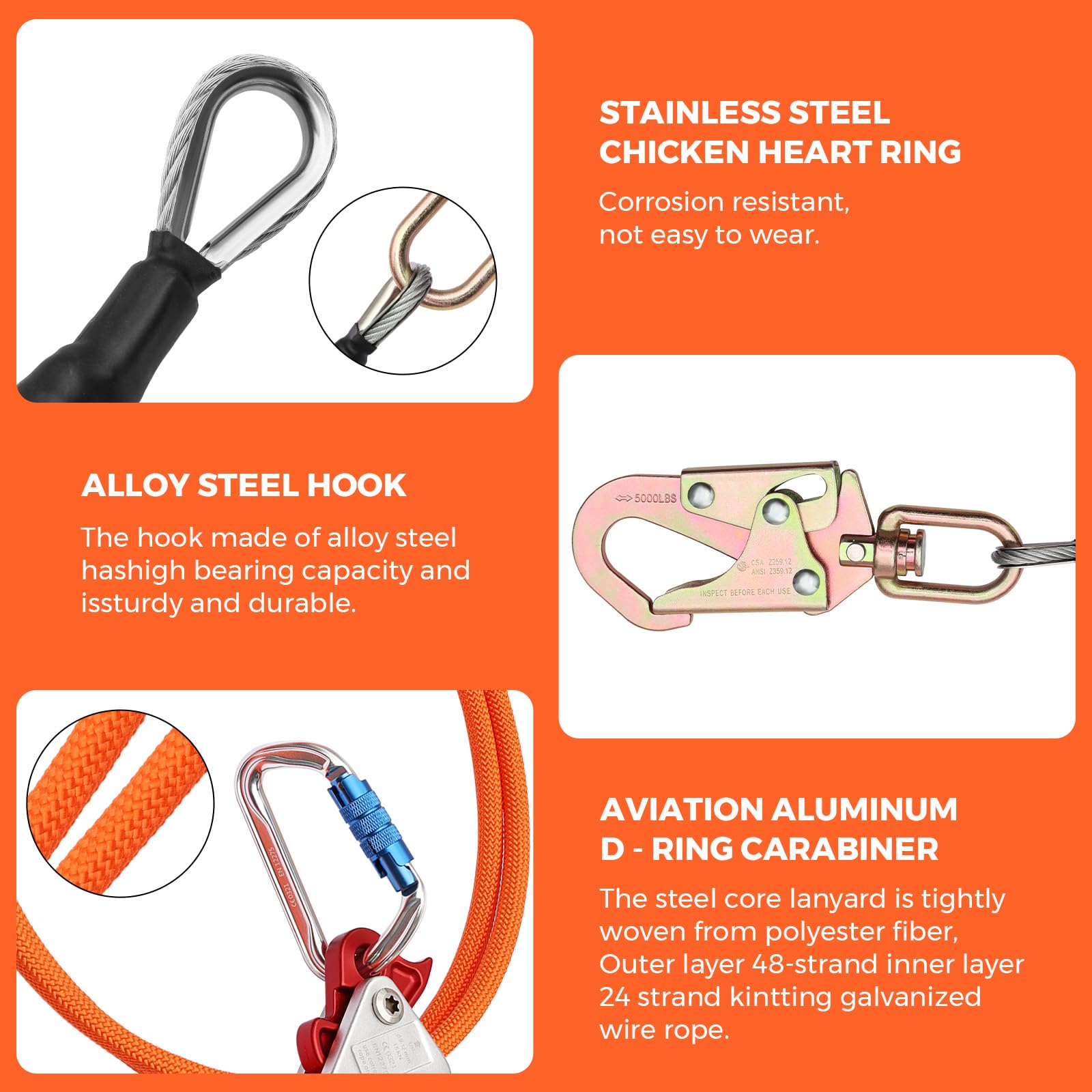 Cuerda de escalada de árbol de 1/2 pulgada x 12 pies con núcleo de acero con mosquetón de triple bloqueo, cierre giratorio de acero para protección contra caídas, mejor agarre, resistente a los