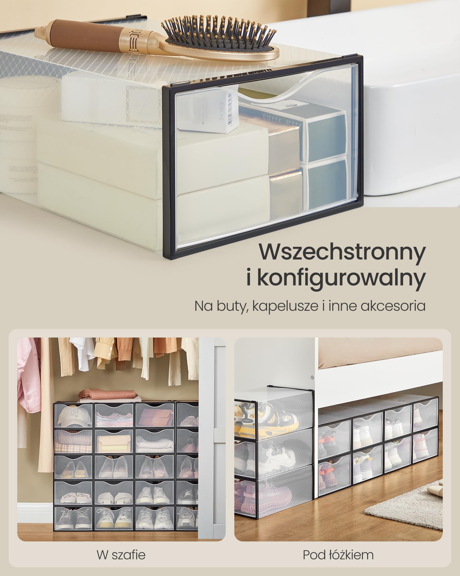 SONGMICS Przezroczyste pudełka na buty, zestaw 12 organów do przechowywania butów, przezroczyste, łatwy montaż, 33,2 x 23 x 14,5 cm, na buty do rozmiaru 42, przezroczyste i czarne atrament LSP312B01