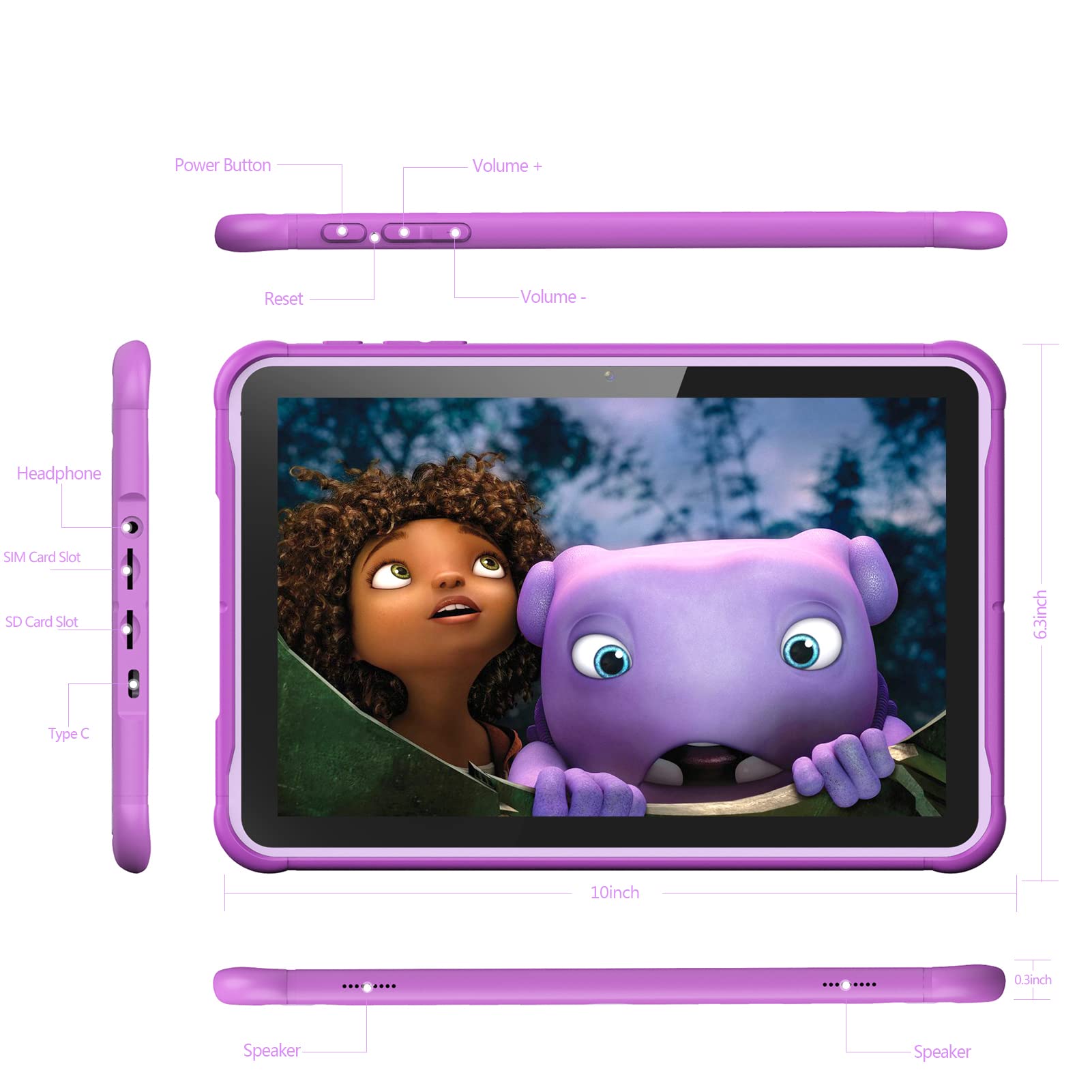 PRITOM 10 Inch Android 10.3G Phone Tablet, Child Lock, WiFi, 6000 mAh, Quad Core Processor, 2GB RAM, 32GB ROM, HD IPS Screen, for Children with Case (Purple)