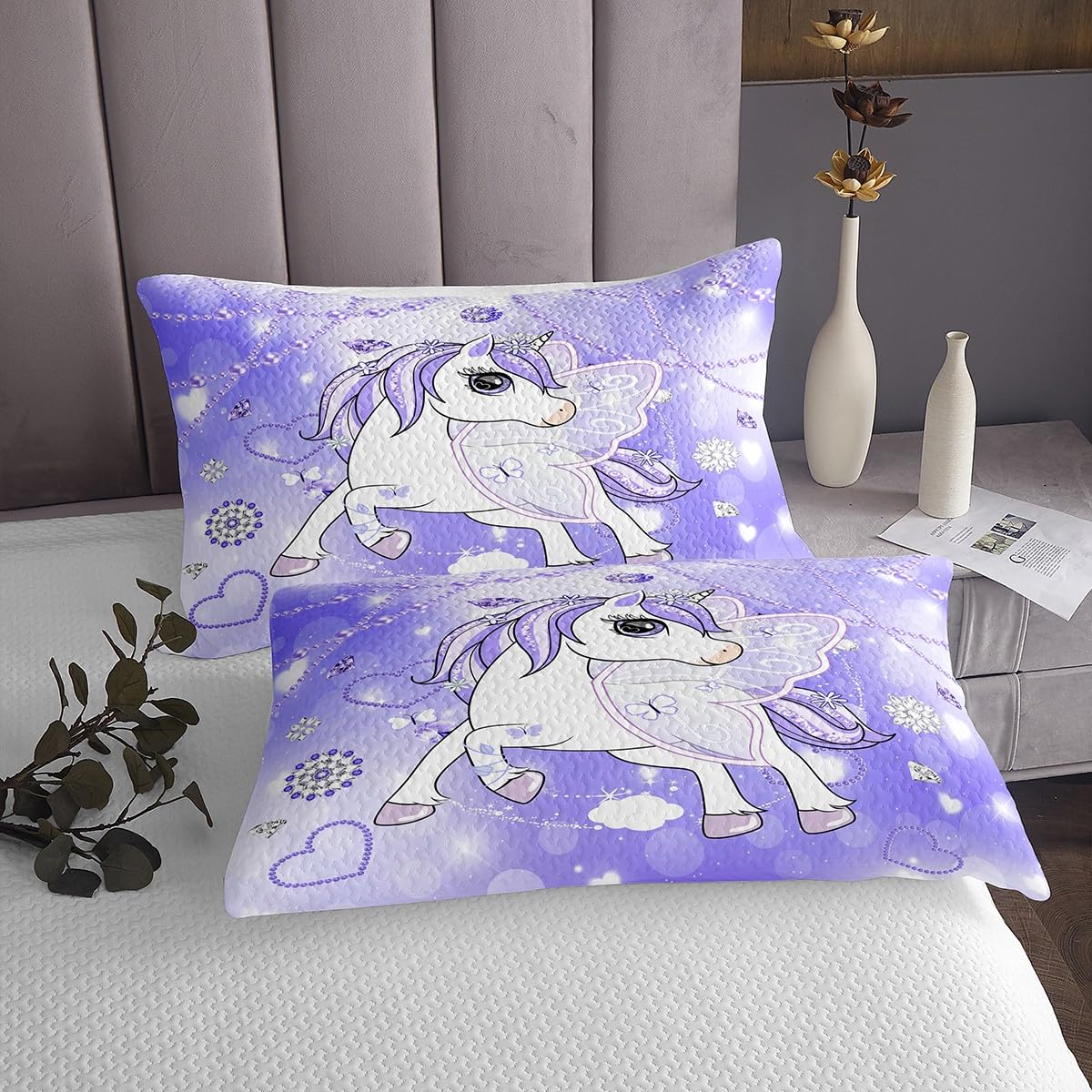 Juego de sábanas de unicornio tamaño King con 2 fundas de almohada, estampado floral, juego de sábanas de unicornio para niñas, juego de ropa de cama de unicornio morado oscuro para niños, niñas y