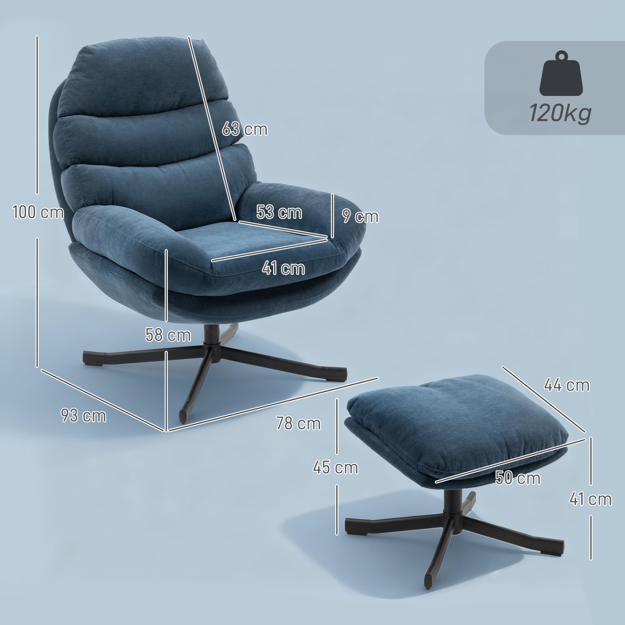 HOMCOM Relaxsessel mit Hocker Sessel Loungesessel mit Chenille-Optik breiter Sitzfläche Drehbar Polstersessel Armlehnensessel für Wohnzimmer, Schlafzimmer, Blau
