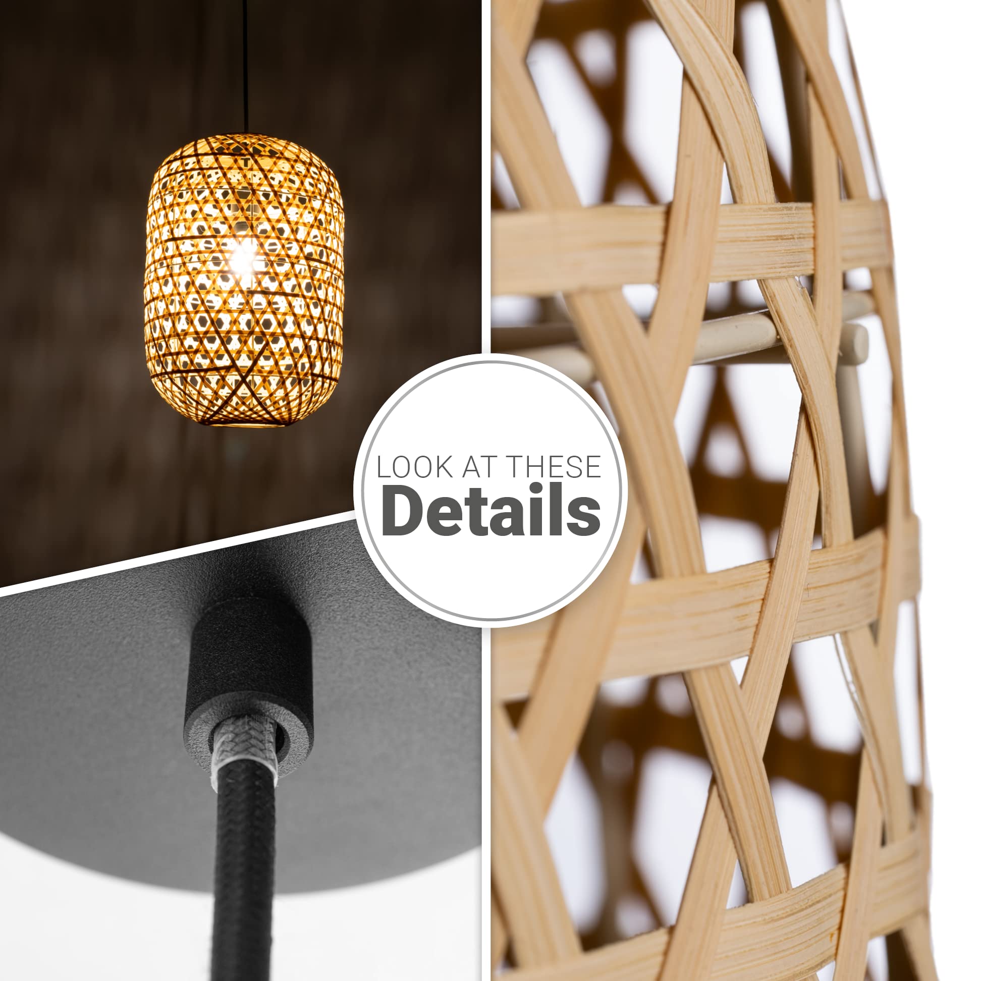 Paco Home Hängeleuchte Bambus Esszimmerlampe Korblampe Hängend Papier Pendellampe Papier Gras Boho Natürlich Bar E27, Lampenart:Pendelleuchte - Typ 2, Farbe:Natur (30cm