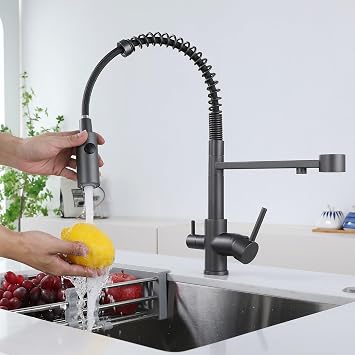 3 Way 1 Kitchen Sink Tap with Pull Out & Down Sprayer - Commercial Single Handle Lever Spring Tap (Grey)