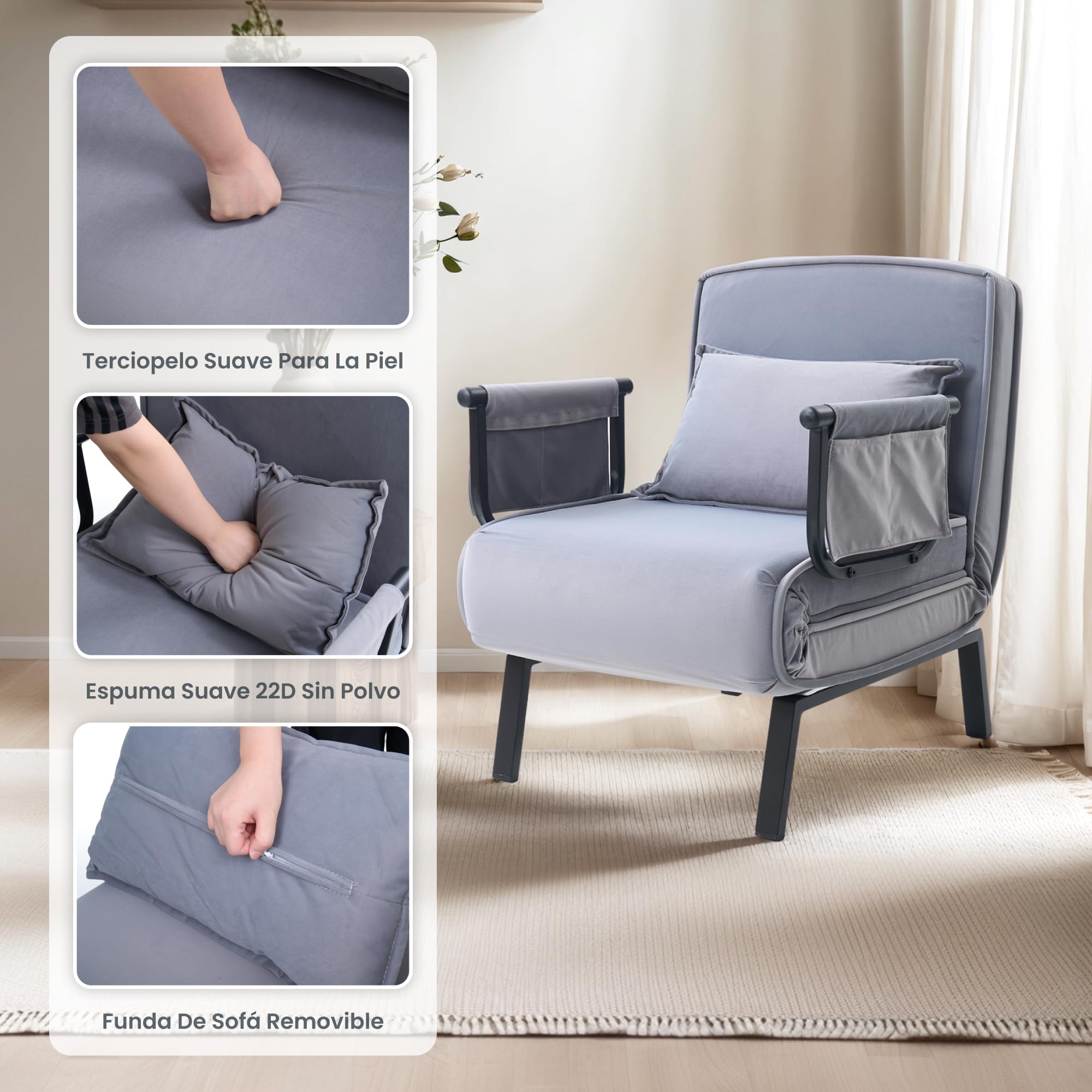 FLEXISPOT Sillón Cama 3 en 1 con función de Cama, Respaldo Ajustable, sofá Cama de Lino con Bolsillo Lateral, Patas Plegables, Ahorra Espacio para salón, Dormitorio u Oficina (Gris)