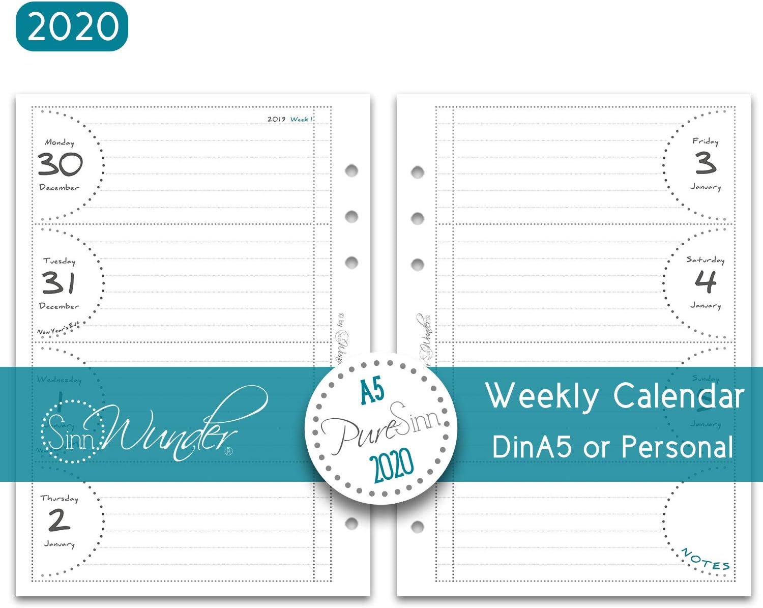 SinnWunder 2020 Premium - Calendar Refill - Weekly View with 1 Week on 2 Pages - PureSinn - A5 Size